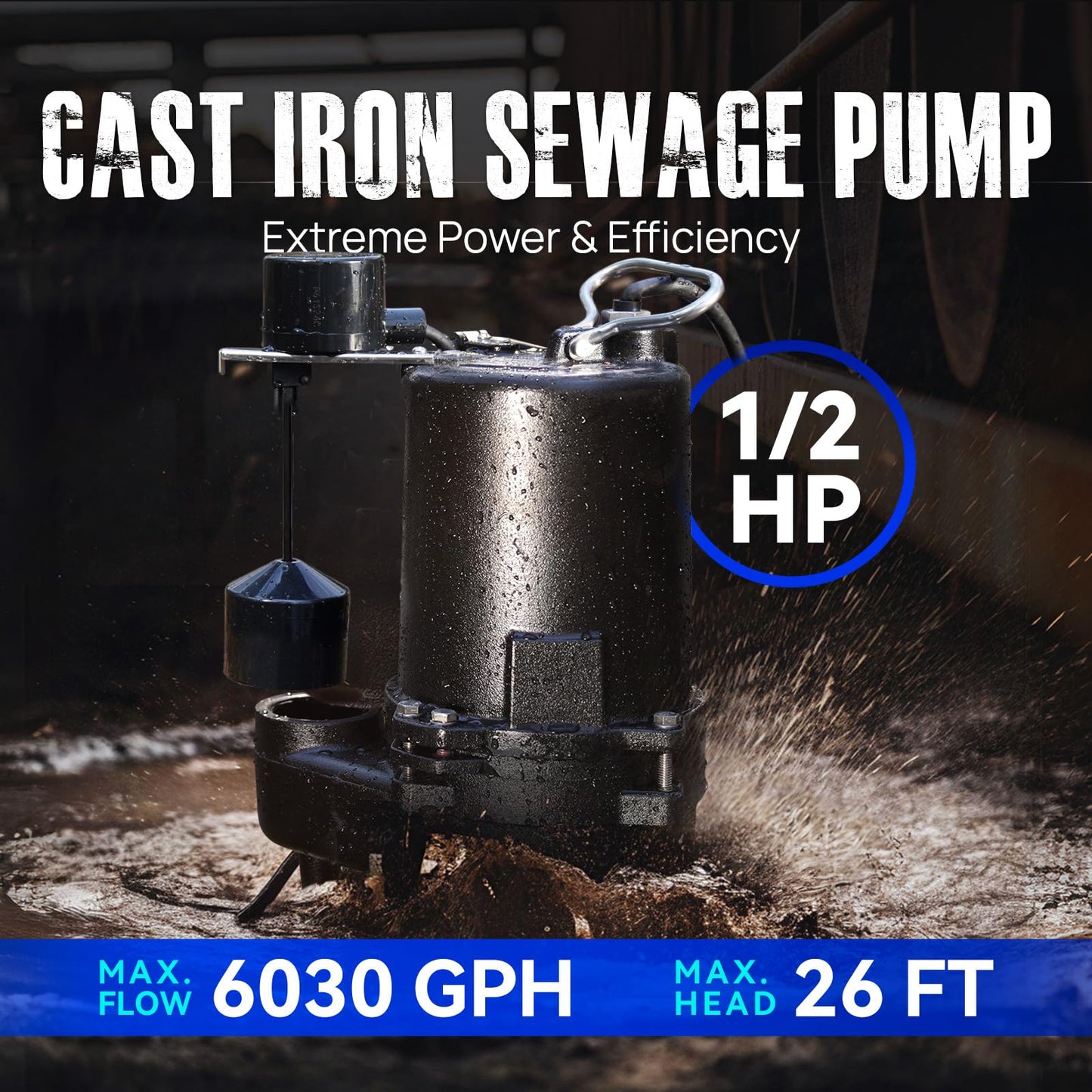 Aquastrong Cast Iron Sewage Pump 1/2HP Effluent Pump 220V 6030 GPH Sump Pump with Vertical Float Switch, Ideal for Basement Sump Pits, Industrial Wastewater - Commercial-Grade Sewage System