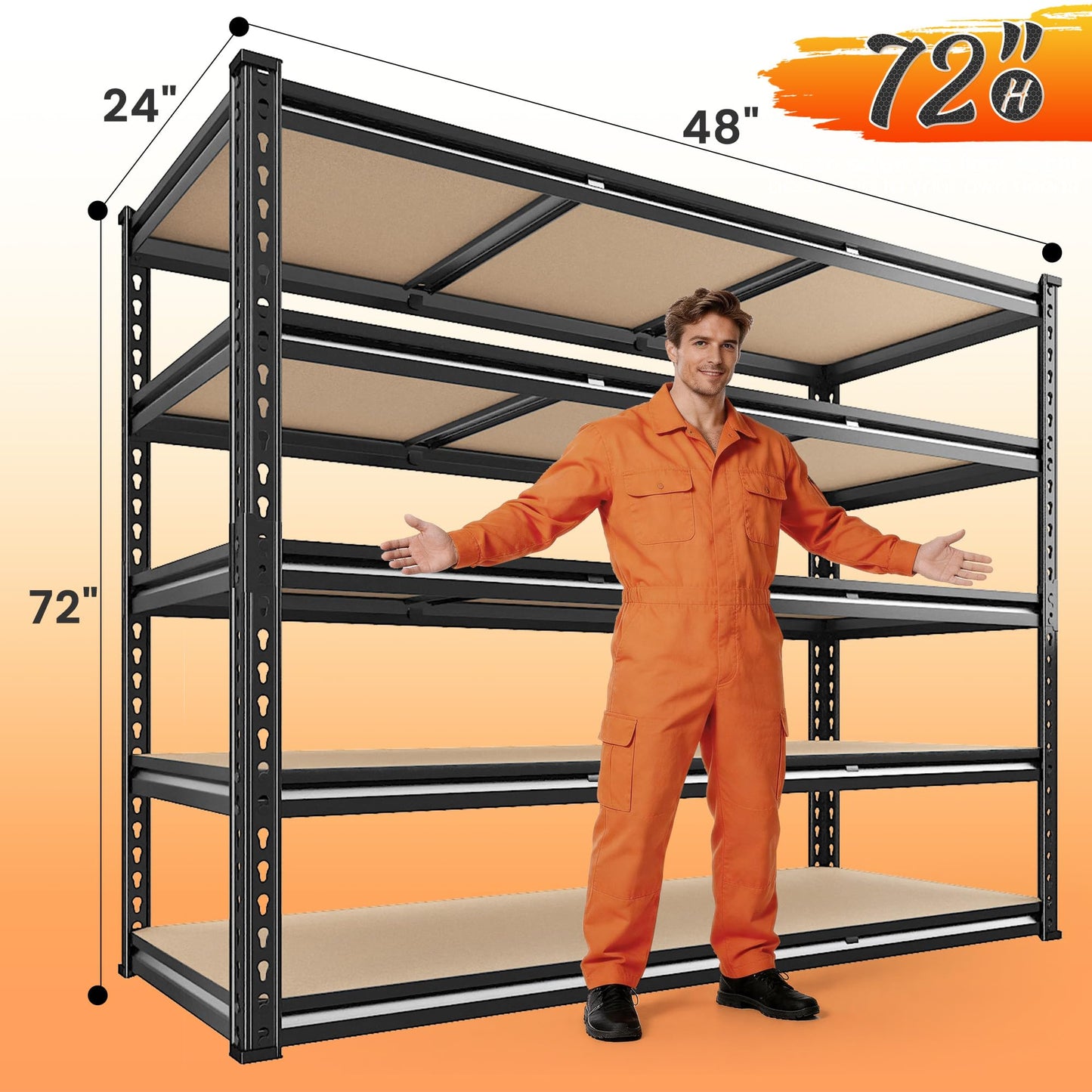 REIBII 48" W Garage Shelving 3080LBS Storage Shelves 5 Tier Industrial Shelving Adjustable Metal Storage Shelves for Garage, Basement, Warehouse, Commercial, Easy Assemble, 48" W x 72" H x 24" D