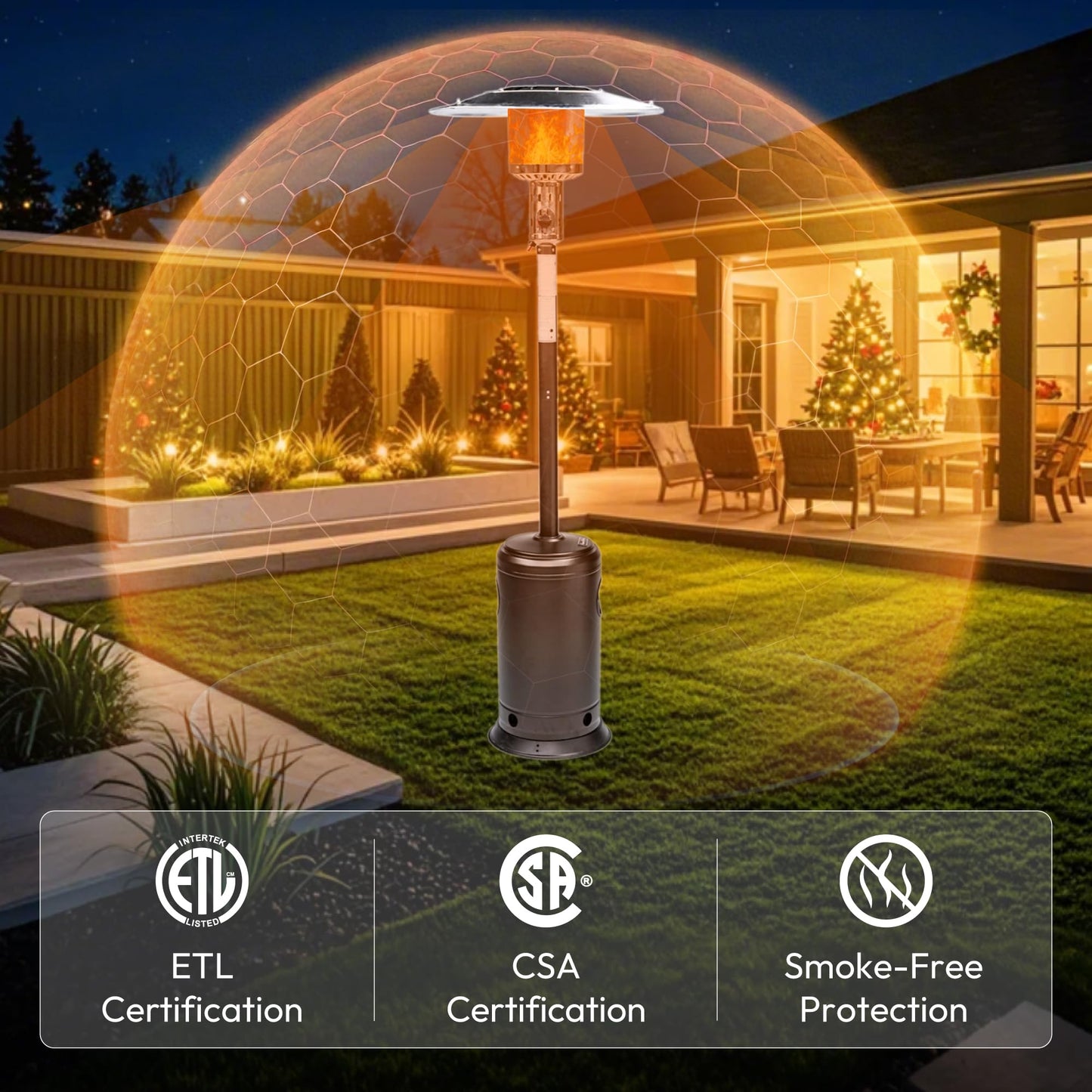 HEXAGO Outdoor Propane Patio Heater, 47,000 BTU Stainless Steel Standing Heater with Wheels, One-Touch Ignition & Adjustable Heat Control, Safety Auto Shut-Off System for Garden, Backyard & Restaurant