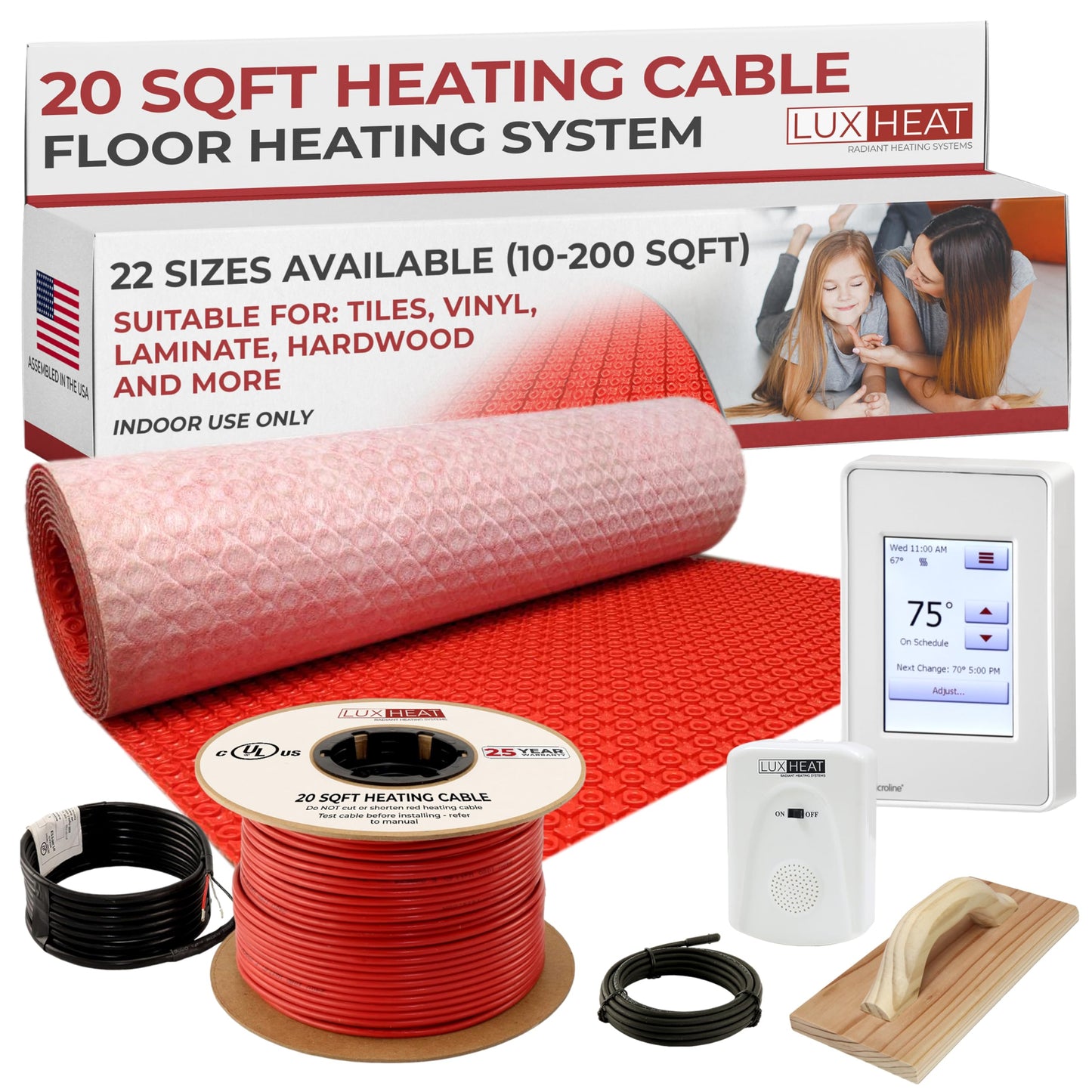 LuxHeat 20sqft Electric Radiant Floor Heating System - 120v Heated Tile Floor Kit - Includes UDG4 Programmable Thermostat w/GFCI, Heating Cable, Uncoupling Membrane, Flooring Sensor & Alarm