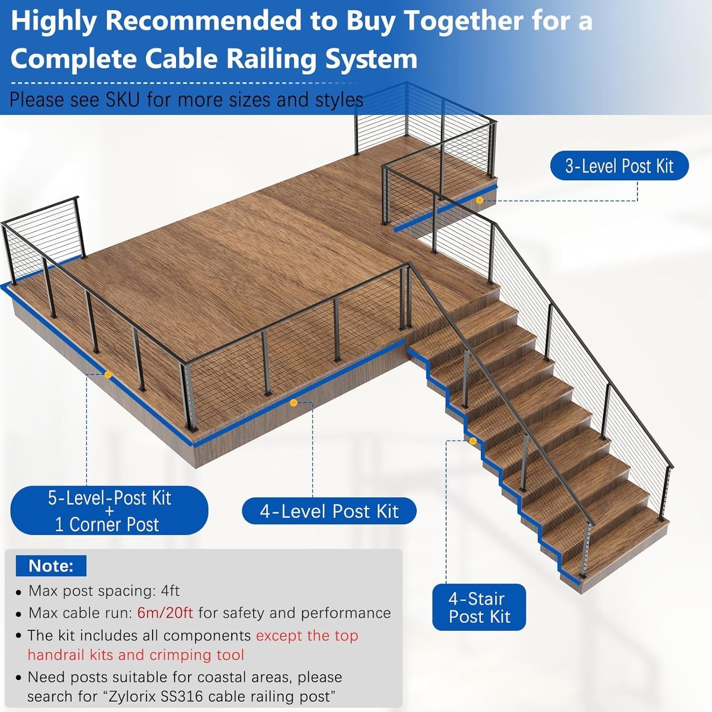 Zylorix 2Pack 42" 3-Sides Cable Railing Corner Post T304 Stainless Steel 90° T-drilled Post, 41"x2"x2" Surface Mount Fixed Top Black Cable Railing System Kit for Decks Balconys with Wire Grommets