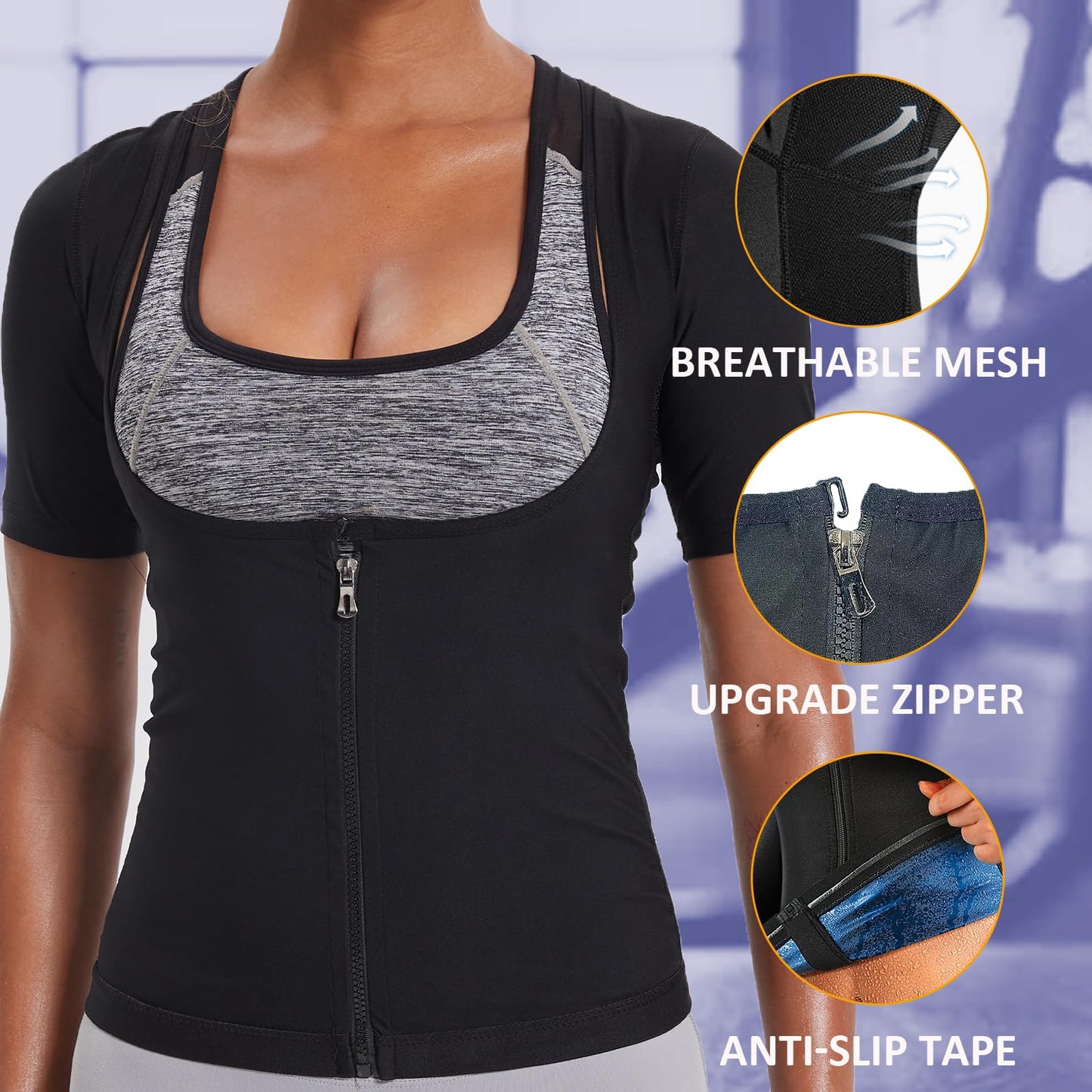 BXVX Sauna Suit Women Weight Loss Sauna Shirt for Women Sweat Suit Waist Trainer Vest Fitness Body Shaper Zipper L