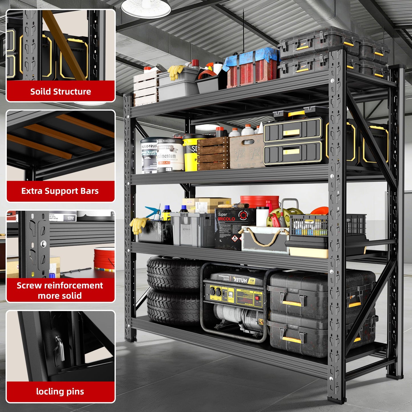 Lionhon Heavy Duty Garage Shelving, 70" W x 23" D x 69" H, 5000 LBS Capacity, 4-Tier Adjustable Metal Storage Shelves, Reinforced Steel Storage Rack for Warehouse, Basement, Workshop