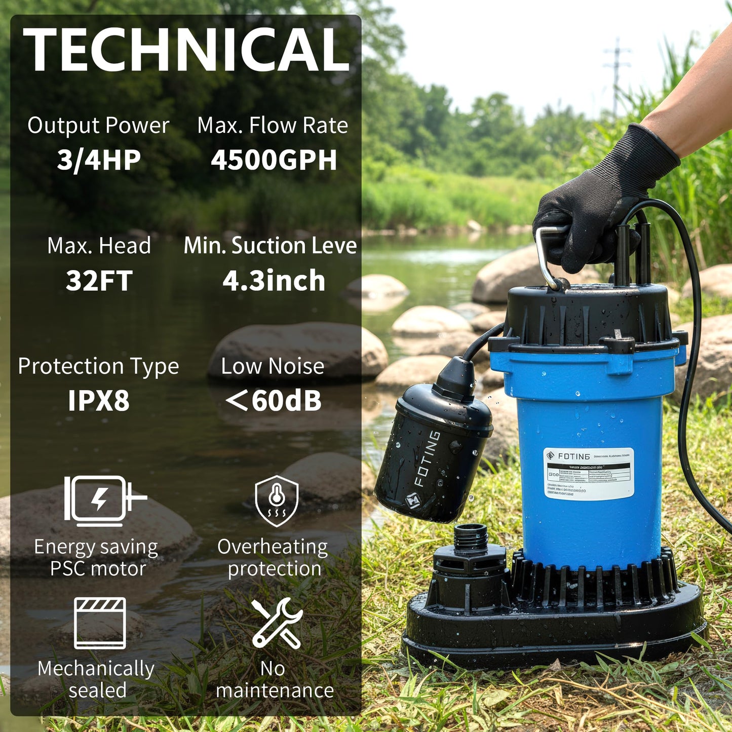 FOTING 3/4HP Submersible Sump Pump,4500 GPH Cast Iron Sewage/Effluent Pump,Automatic Tethered Float Switch,Septic Pump for Basement,Septic Tank,Basin,Sewage Well,1-1/2" NPT Discharge, Dark Blue