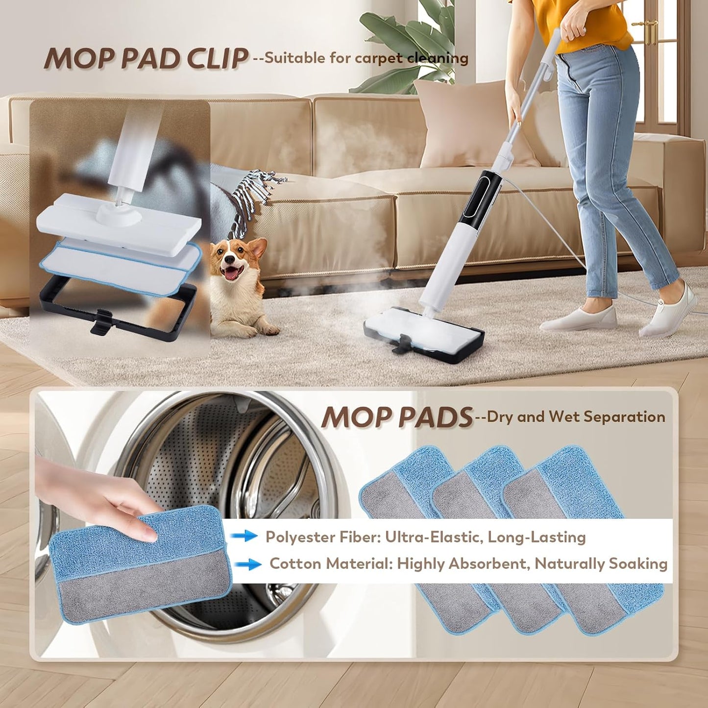 Skiennix Steam Mop - 3 Steam Modes for Quick Floor Cleaning | 15s Heat-Up, 284℉ Steam, 3 Mop Pads