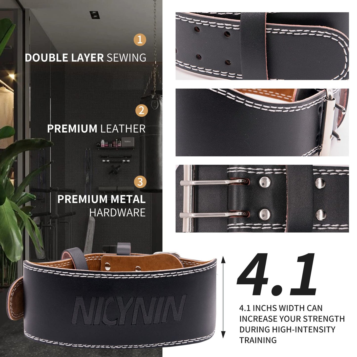 Nicynin Leather Weightlifting Belt, Weight Lifting Belt 4 Inch Wide for Men Women, Gym Lever Belts -Lower Back Support- for Workout, Powerlifting, Squats, Deadlifts, Cross Training (Black, Medium)