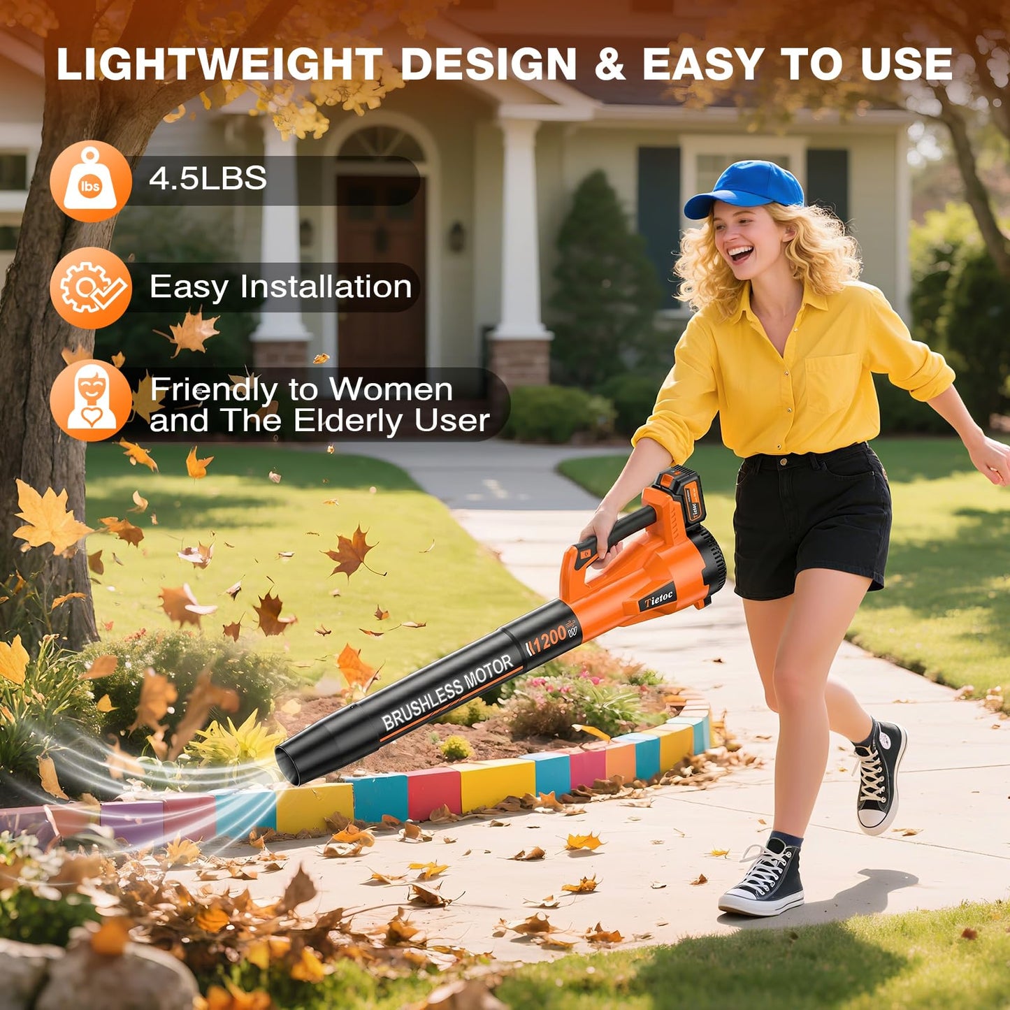 Tietoc Leaf Blower Cordless,1200W Brushless Electric Leaf Blowers w/ 2x5.0Ah Battery & Fast Charger, 6 Speed Powerful Blowers for Garden Lawn Care Patio Blowing Leaves Dust Snow Gift for Men Orange