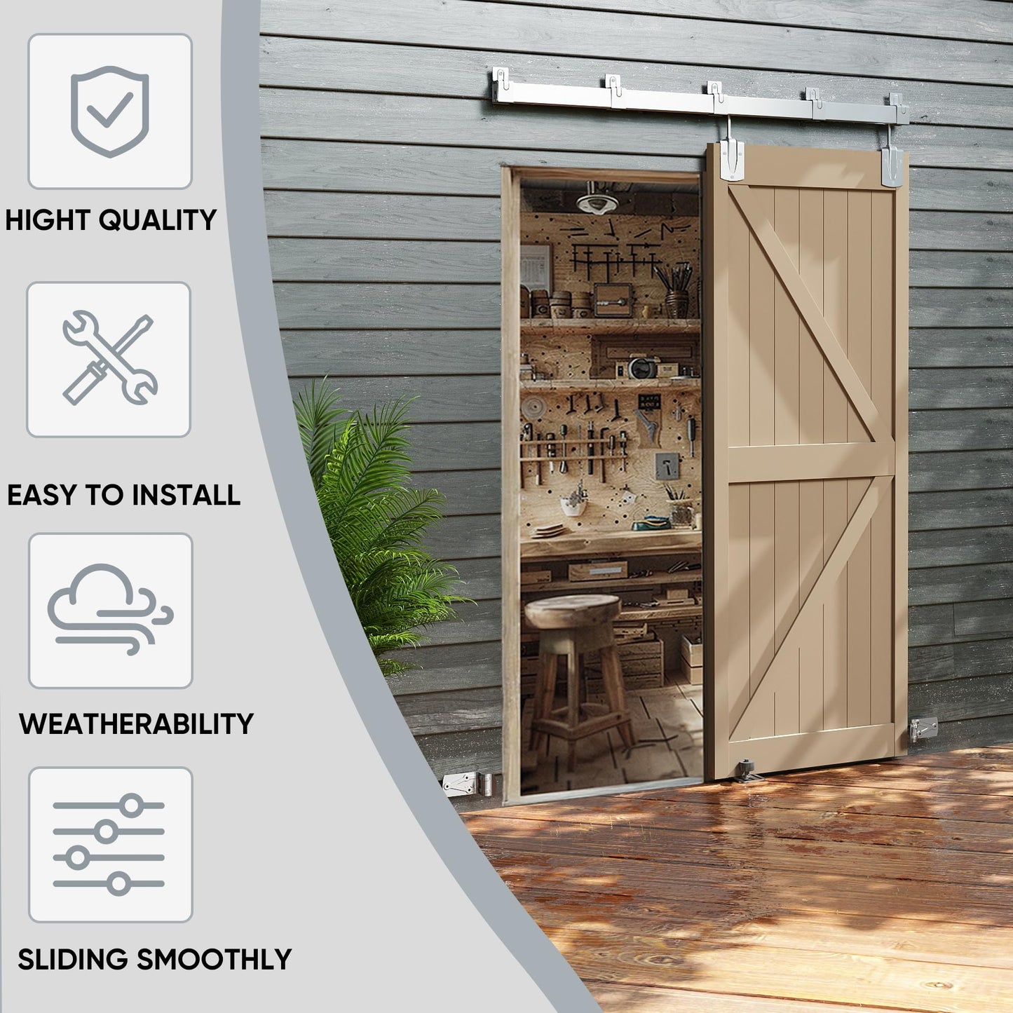 JUBEST 6.6FT Box Rail Exterior Barn Door Hardware Kit, Heavy-Duty Silver Sliding Barn Door Track System, Wall Mount Door Hardware Kits (Door Not Included)