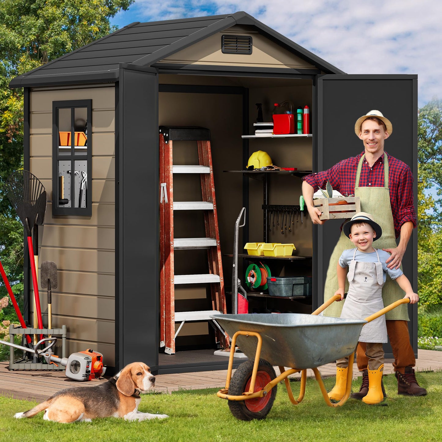 DWVO 6x4 FT Outdoor Resin Storage Shed with Reinforced Floor, All-Weather Bike Storage Shed with Lockable Door, Window and Vent, Waterproof Plastic Tool Storage for Garden, Backyard, Patio, Lawn