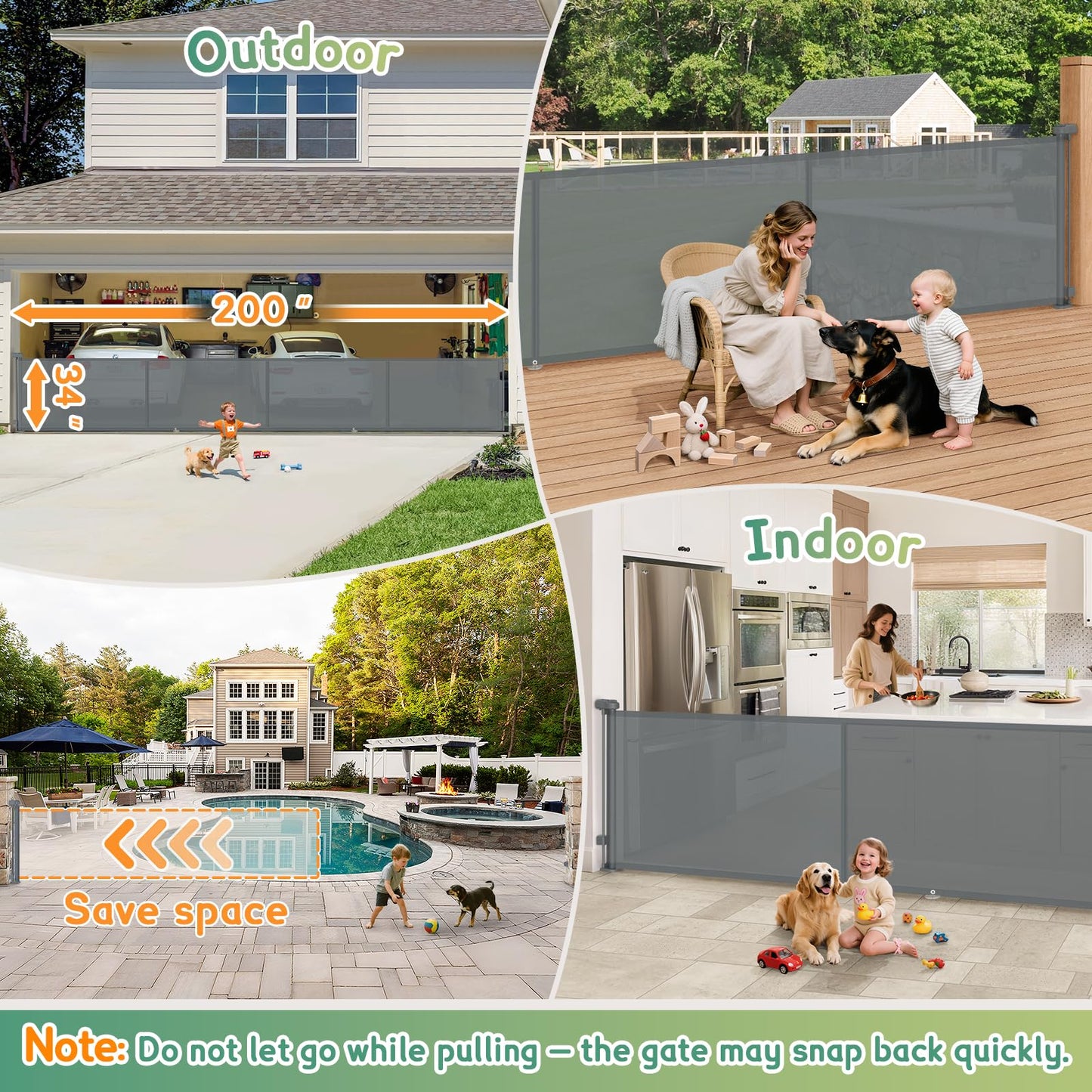 200'' Retractable Baby Gates Extra Wide,34" Tall Retractable Dog Gate for Doorways, Stairs, Hallways, Decks, Garage,16 FT Indoor/Outdoor Grey Retractable Gate with Fiberglass Reinforcement Rods