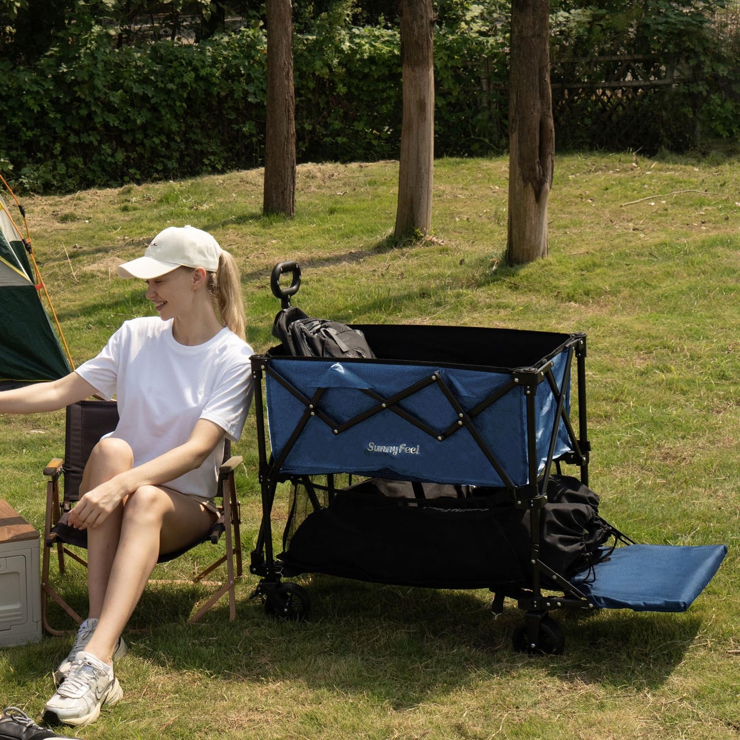 SUNNYFEEL Lightweight 47''L Double Decker Wagon for Sport, 270L Collapsible Wagon Cart,331lbs Collapsible Outdoor Utility Wagon Cart for Shopping Garden Camping,Blue-Lightweight