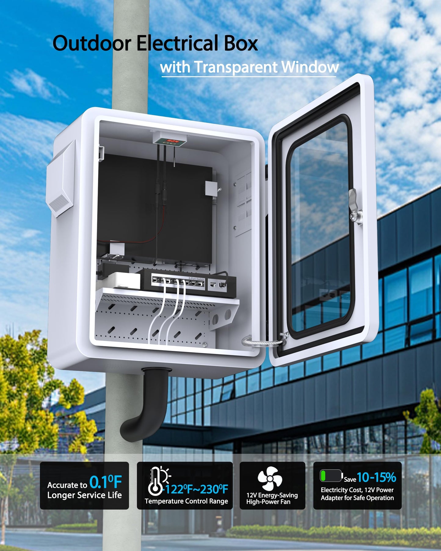 Akwscyby Outdoor Electrical Box with Thermostat and Fan and Clear Window, Precise Temperature Control 0.1°F, IP65 Water Resistant Rating, Galvanized Steel, Aluminum Rear Beam(19.7" x 17.7" x 8.0")