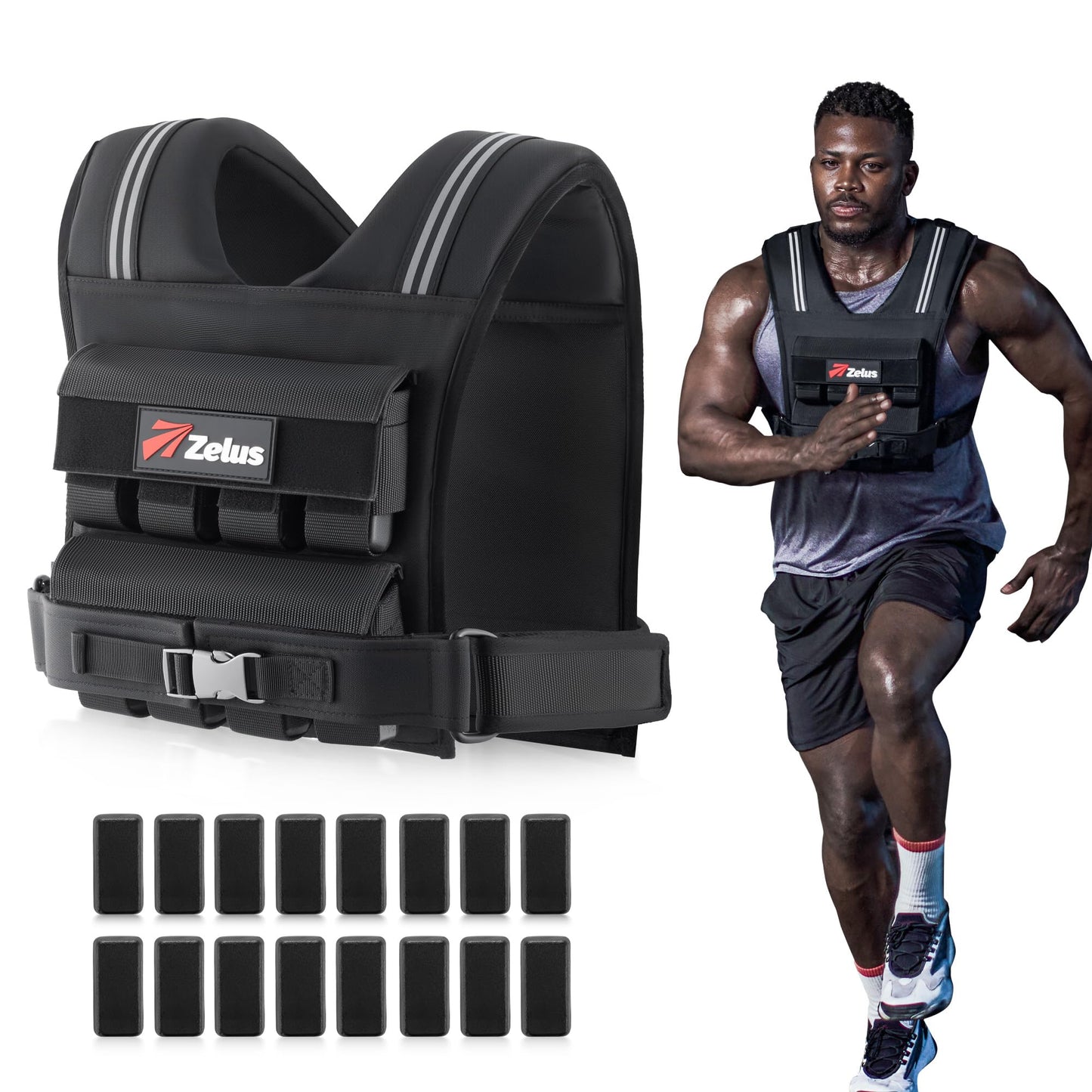 ZELUS Weighted Vest Men, 23lbs/36lbs/45lbs Adjustable Weight Vest with 10/16/20 removable Iron Weights and Reflective Strips, No-Bounce Design for Strength Training, Running, HIIT & Calisthenics