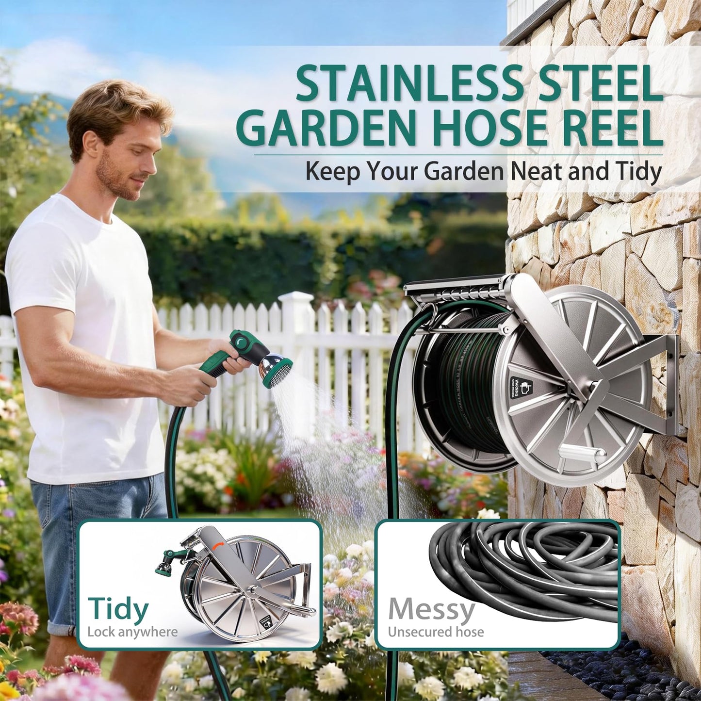 Stainless Steel Garden Hose Reel Heavy Duty, Wall Mount Water Hose Holder, 150 Feet of 5/8 Inch Hoses Capacity, Hose Reels with 5 ft Inlet Hose for Outside, Lawn, Yard, Garage