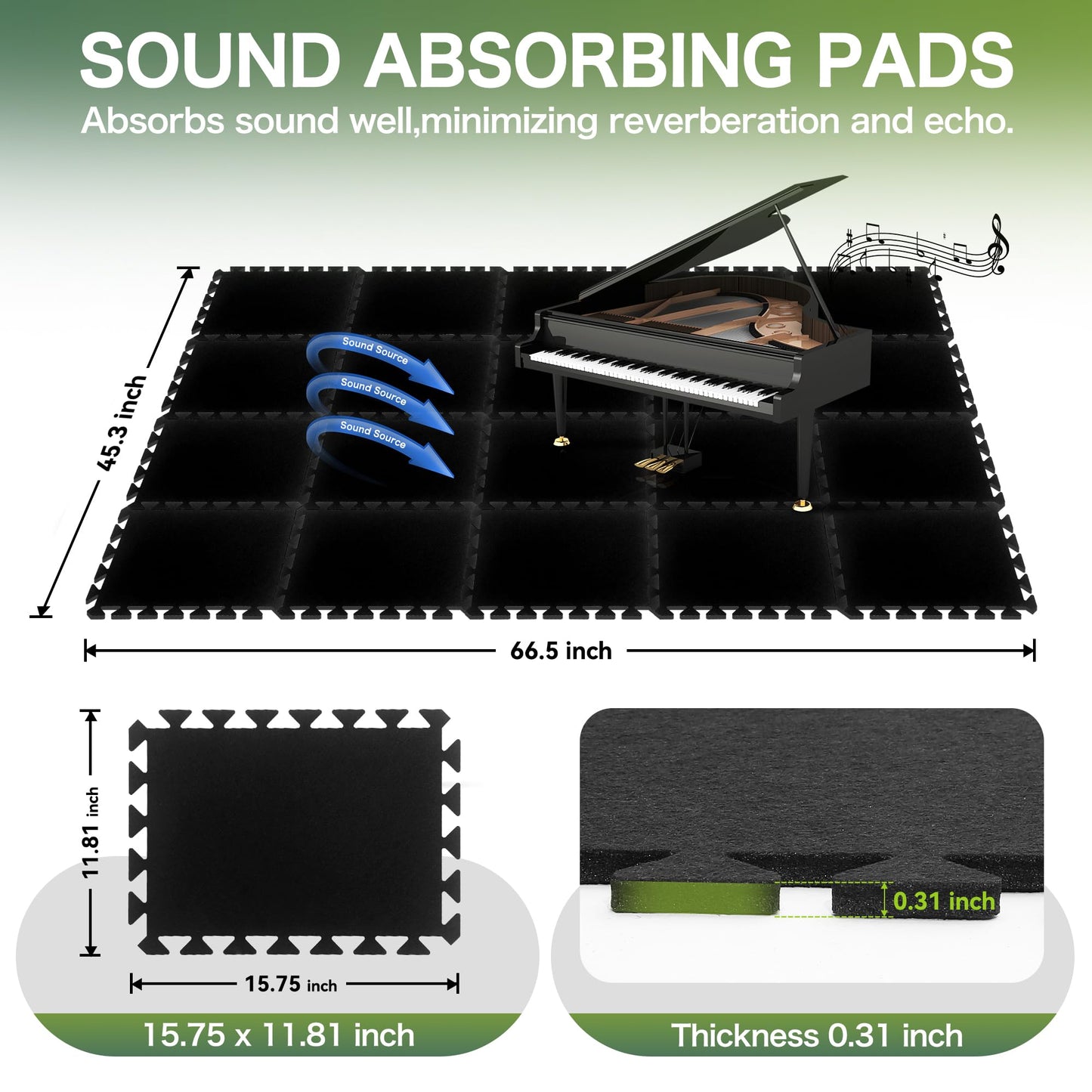 18 Pcs Sound Absorbing Interlocking Floor Mats Pads, 15.7" x 11.8" x 0.3" sound absorbing rug, Non-Slip Anti Vibration Sound Proof Puzzle Felt Padding, Piano Carpet Drum Rug for Music Studio