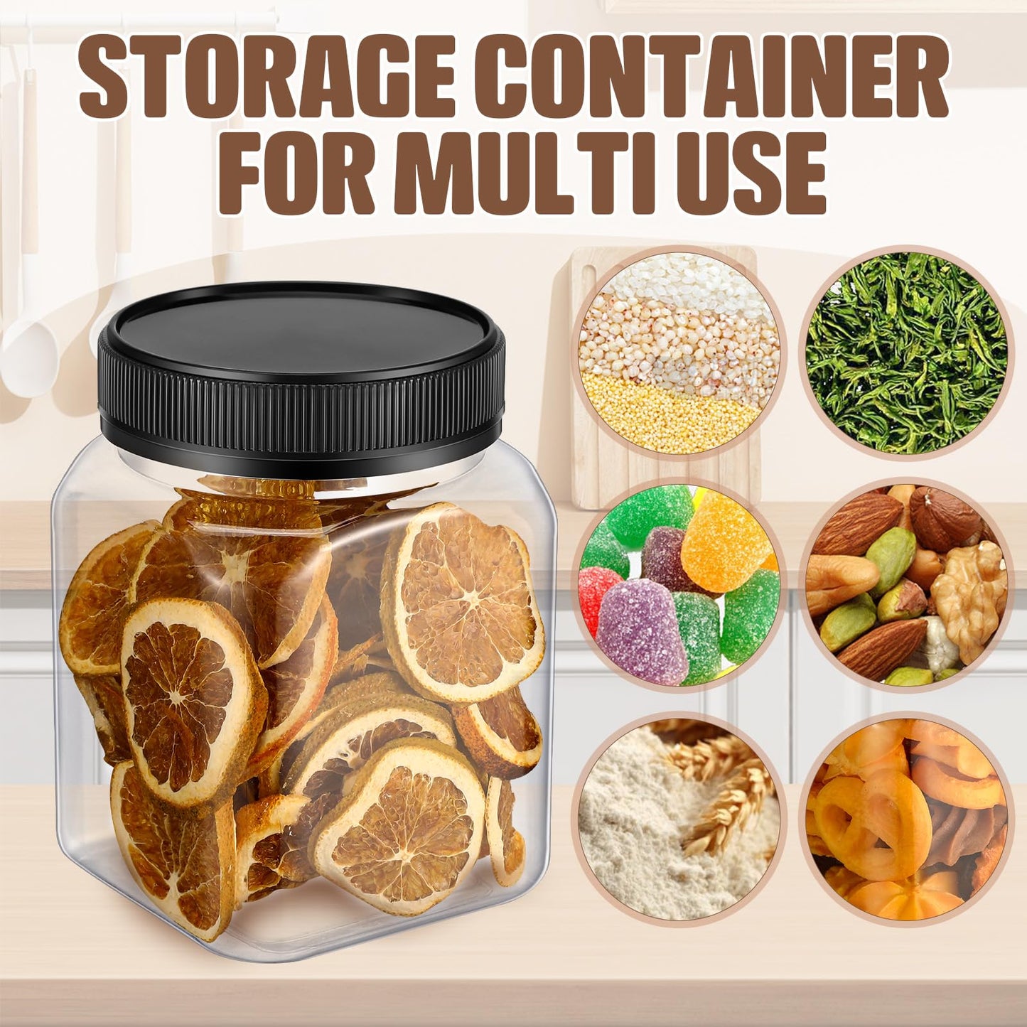 Nosiny 12 Pcs 24 oz Clear Plastic Jars with Lids Square Plastic Container Large Candy Jars with Screw on Lids Refillable Kitchen Storage Containers for Dry Food, Coffee (Black)