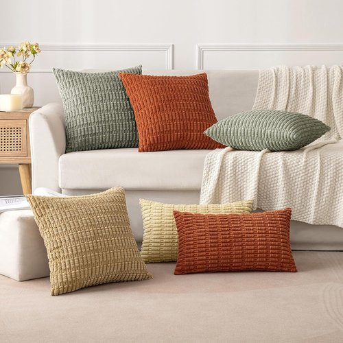 MIULEE Corduroy Throw Pillow Covers - Soft Boho Striped Design | 20x20 Inch Light Olive Green, Set of 2
