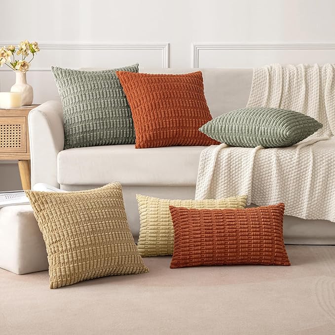 MIULEE Pack of 2 Corduroy Decorative Lumbar Throw Pillow Covers 20x12 Inch Soft Boho Striped Pillow Covers Modern Farmhouse Home Decor for Summer Sofa Living Room Couch Bed Light Olive Green