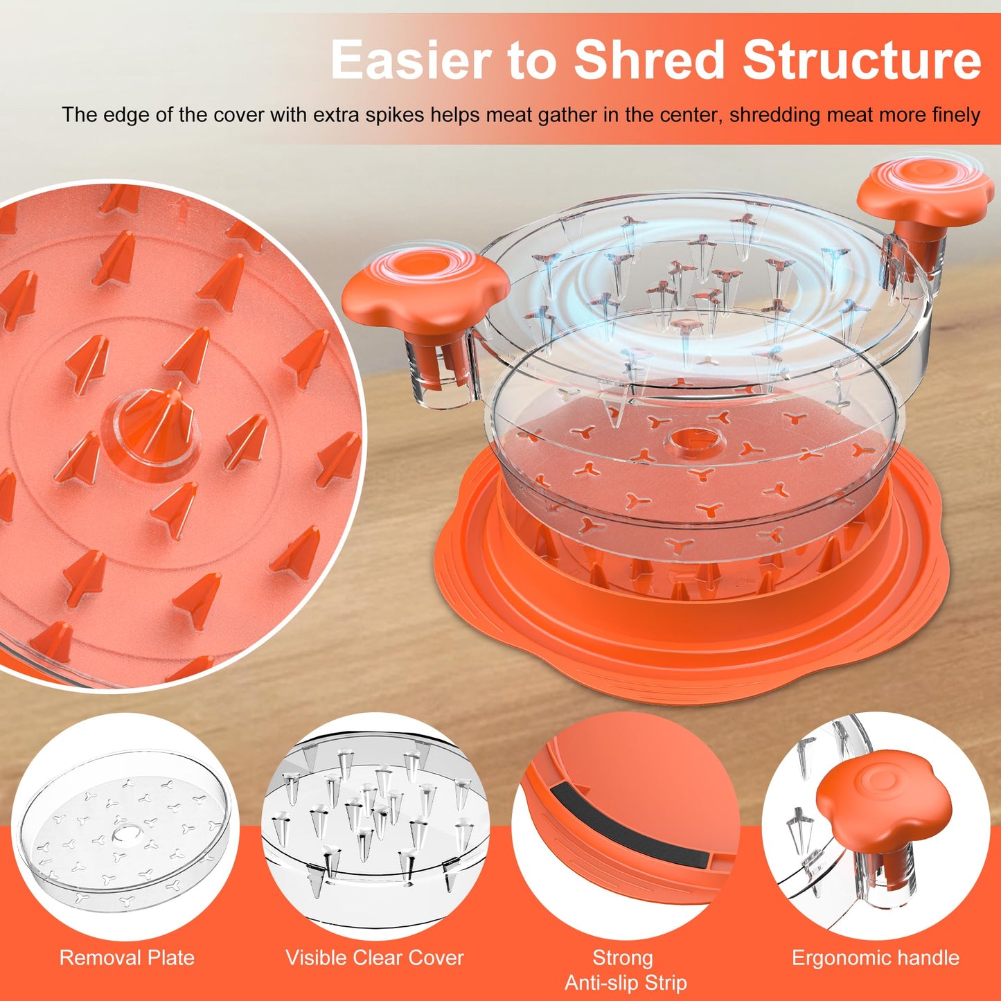 Chicken Shredder with Removable Plate - Manual Meat Shredder Tool with Transparent Lid & Cleaning Brush, Dishwasher Safe Kitchen Gadget for Shredding Chicken, Pork, Beef, Pulled Pork(Orange)
