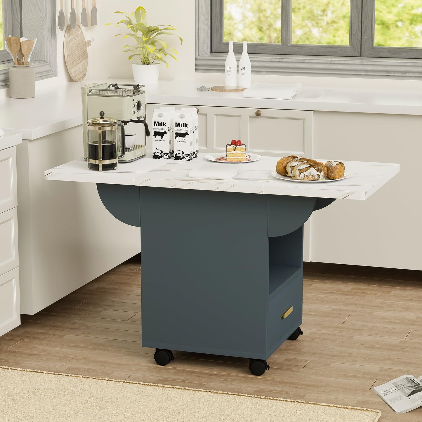 mikibama 39.4" Wooden Folding Kitchen Island with Storage Cabinet & 4 Wheels,White Marble Color Top Rolling Mobile Cart,Expandable Dining Table for Small Spaces,Versatile Side Entryway Table