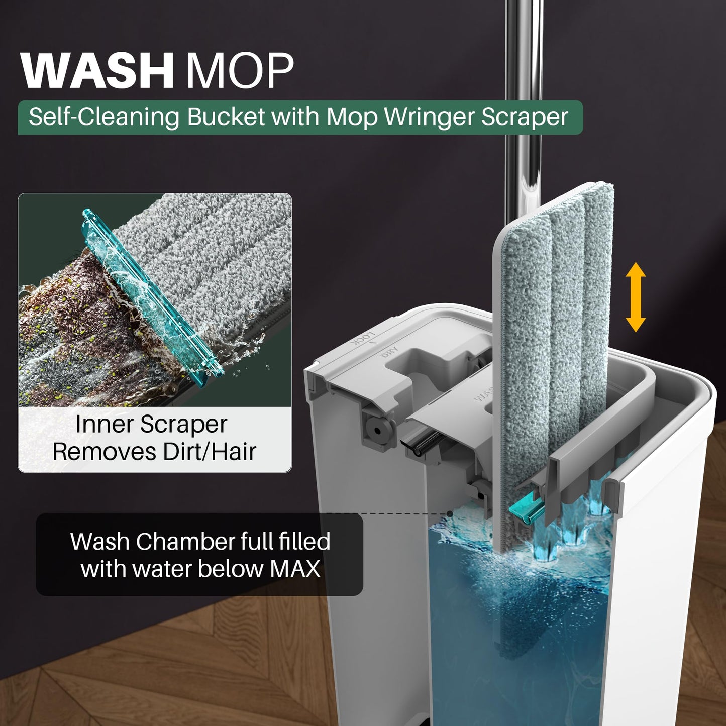 JOYMOOP Mop and Bucket Set, Flat Mops for Floor & Wall Cleaning, Commercial & Household Use, Hardwood Floor Mop with Long Handle & 4 Microfiber Pads