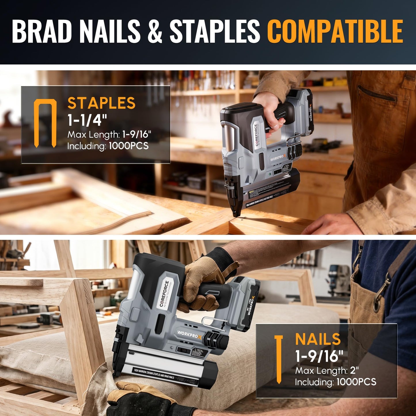 WORKPROX 20V Cordless Brad Nailer kit, 18 Gauge 2-in-1 Nail & Staple Gun with 2.0Ah Rechargeable Battery, 1000 Staples & 1000 Nails, for Woodworking, Upholstery, DIY Projects & Home Improvement