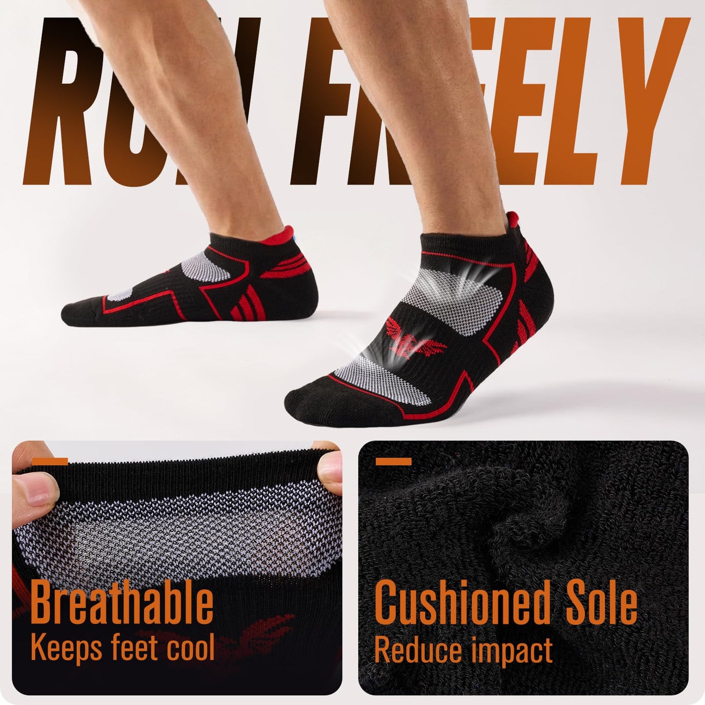 Niorasen Mens Running Socks 6 Pairs with Arch Compression Support, Cushioned & Breathable Ankle Socks for Men, Moisture Wicking Black Athletic Sock for Training Jogging Walking