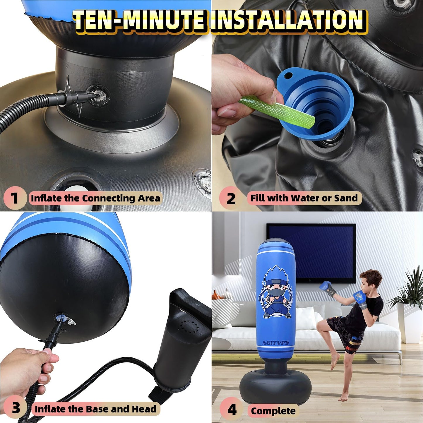 Inflatable Punching Bag Set, 66" Punching Bag for Boys & Girls Aged 8-12 with Kids Boxing Gloves, Super Air Pump | Suitable for Children's Daily Exercise, Happy Family Time (Dark Blue)