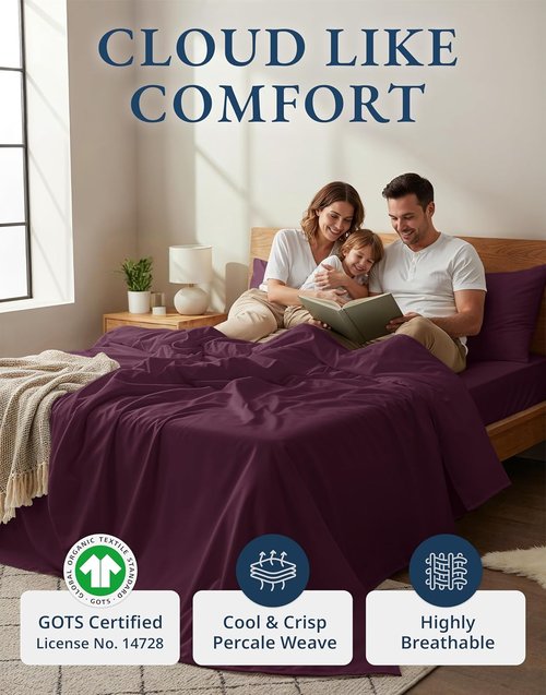 LANE LINEN 100% Organic Cotton Queen Sheets - Classic Percale Weave, Breathable & Soft in Windsor Wine