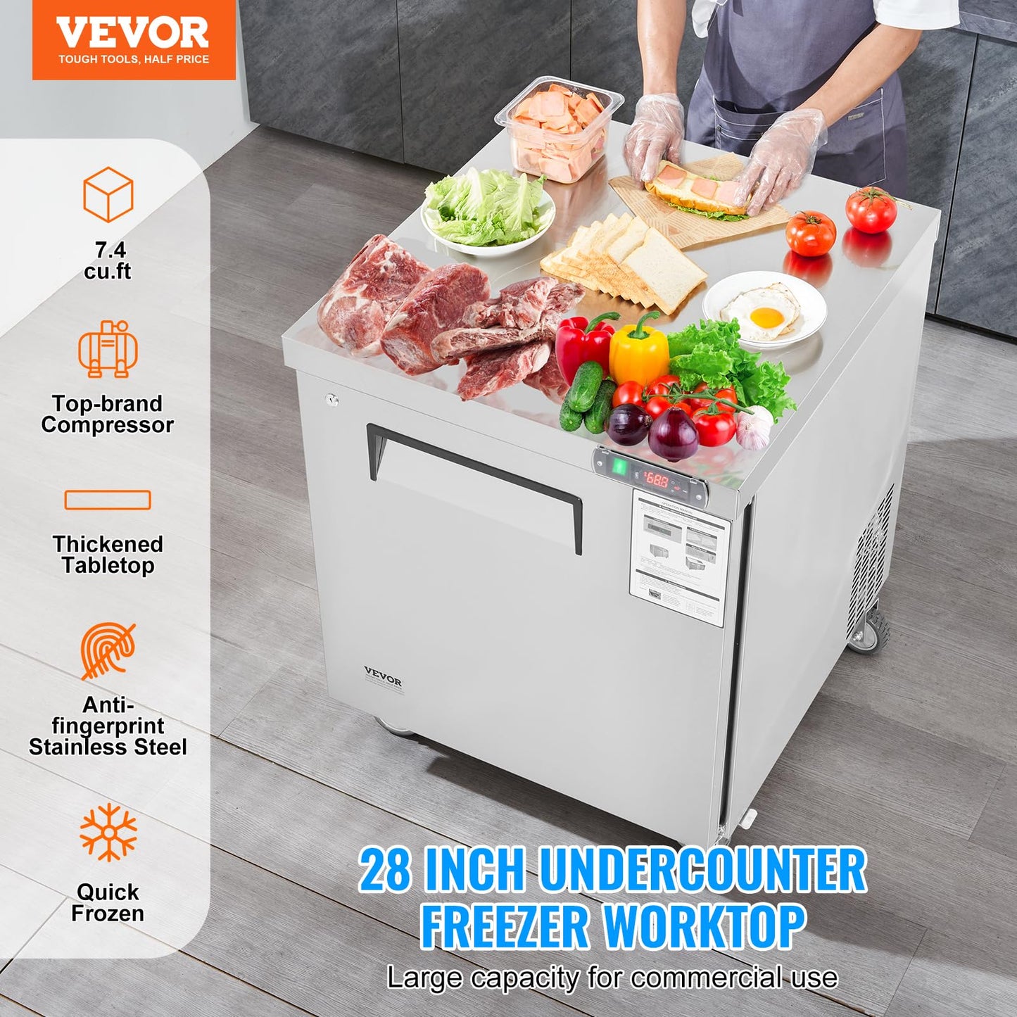 VEVOR 28" W Commercial Freezer Worktop, 7.4 Cu. Ft Undercounter Freezers with/Casters, <0~-8℉>Defrost Frozen Prep Table, Single Door Stainless Steel Food Frozen Prep Station for Restaurant, Diner
