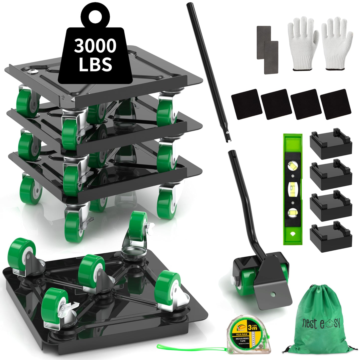 NEST EASY Heavy Duty Furniture Dolly 360° Rotating 5 Wheels, Alloy Steel Furniture Movers Up to 3000 lbs/1360 Kg Load Capacity with Measure Tape and Leveler (5.3x5.3 in)
