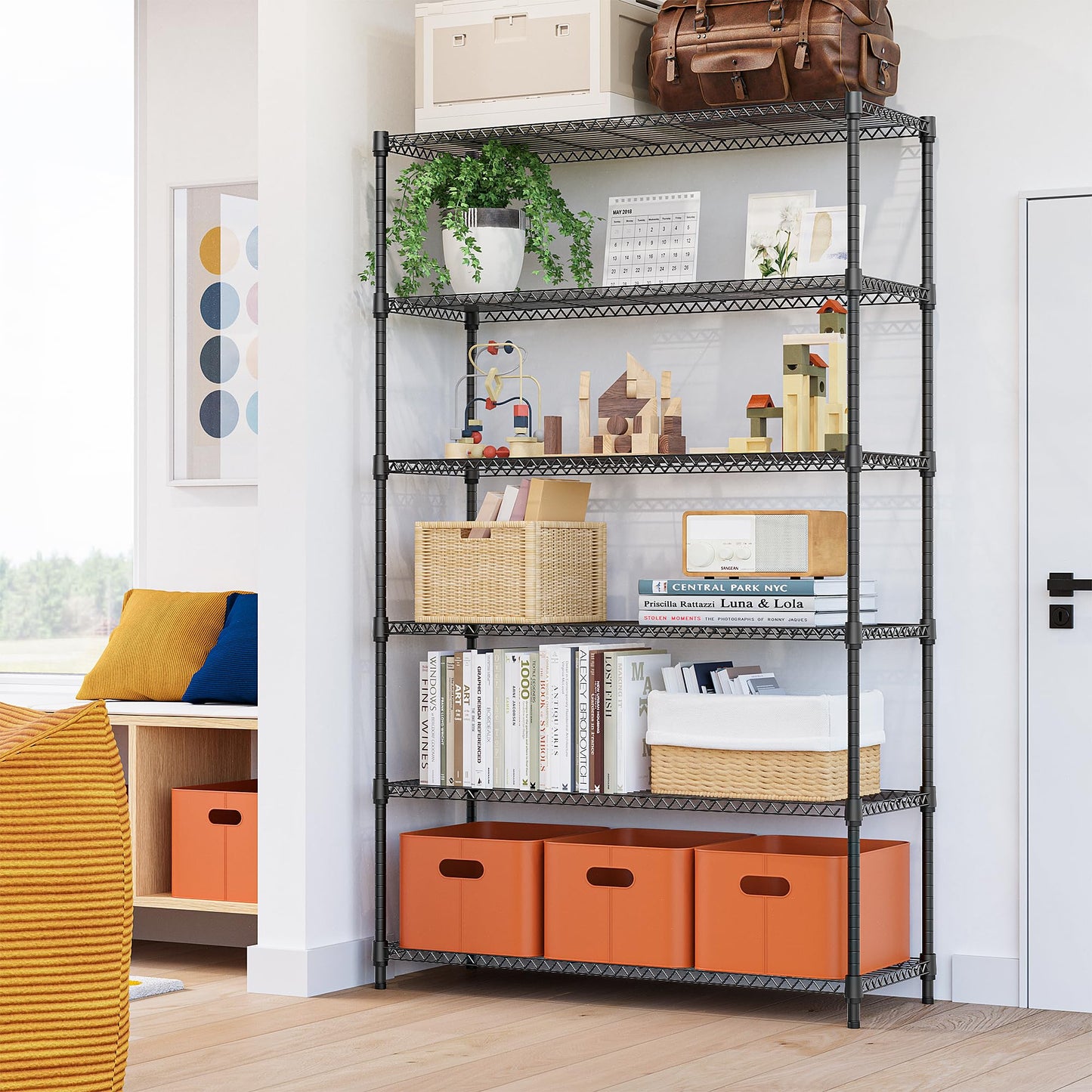 M MZG 6 Tiers Storage Shelves Load 2100LBS, Metal Shelving Wire Metal Shelving Unit Shelves for Storage Adjustable Garage Shelving for Pantry Kitchen Garage Black 17.7" D x 47.3" W x 82.4" H