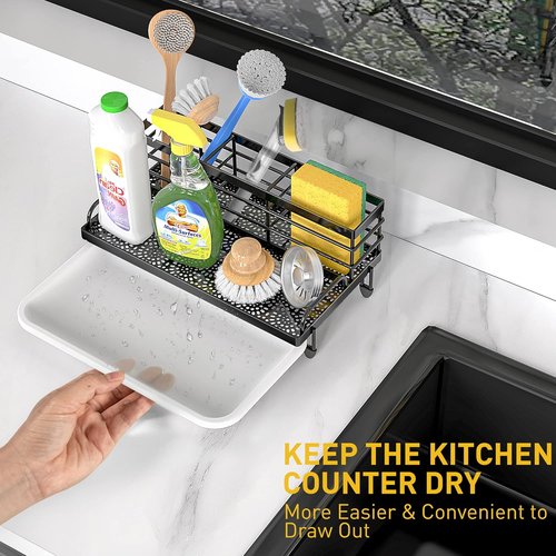 Cisily Kitchen Sink Caddy Organizer - Rustproof Non-Slip Soap Dish & Sponge Holder | Matte Black