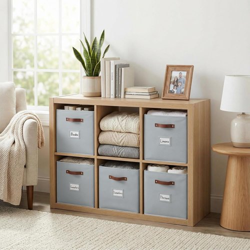 DECOMOMO Storage Bins - Fabric Cube Storage Bins with Labels | 10.5" x 11" | Set of 6, Grey