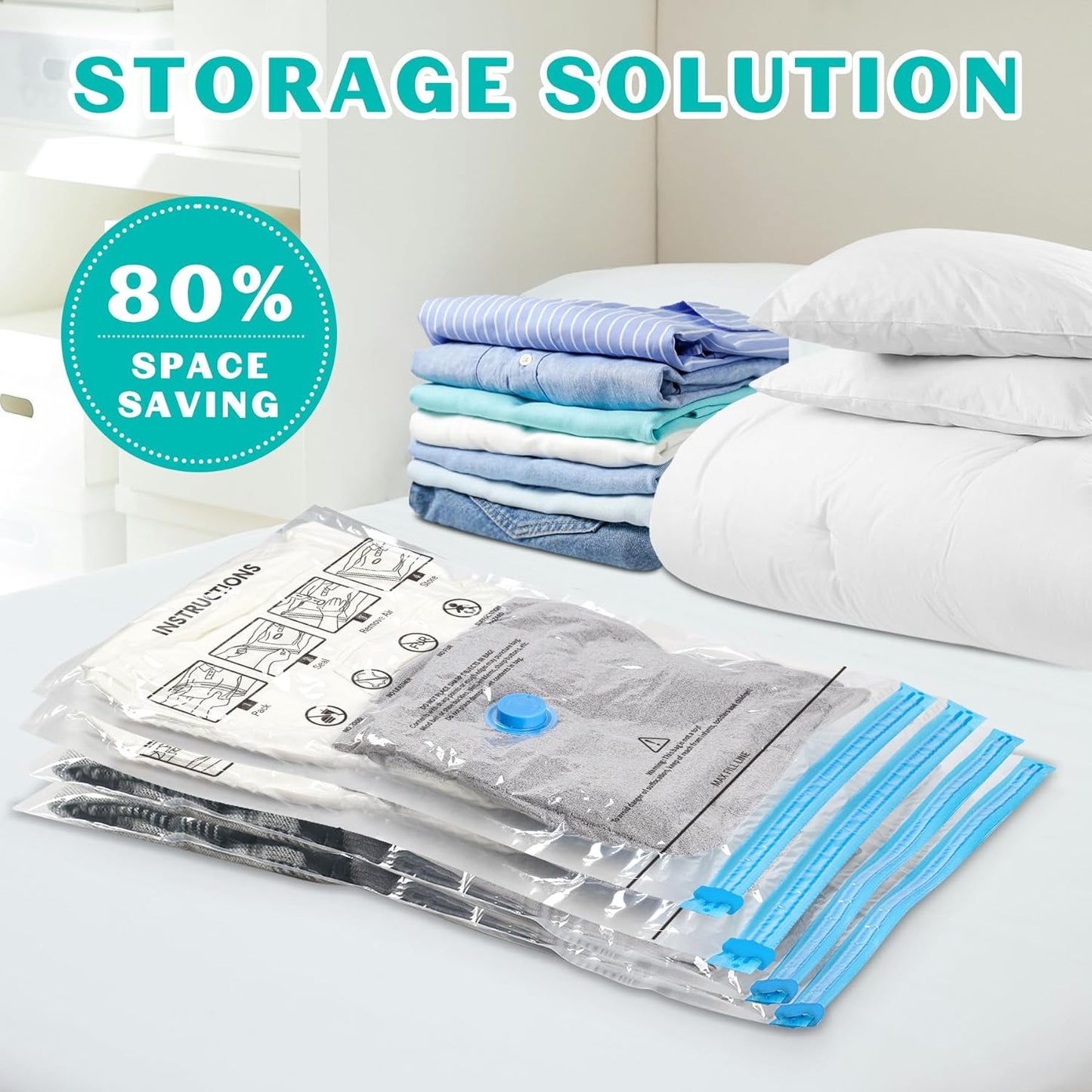 Skiennix Vacuum Seal Bags - 15 Pack Space Saver Storage for Clothing & Travel | Includes Hand Pump