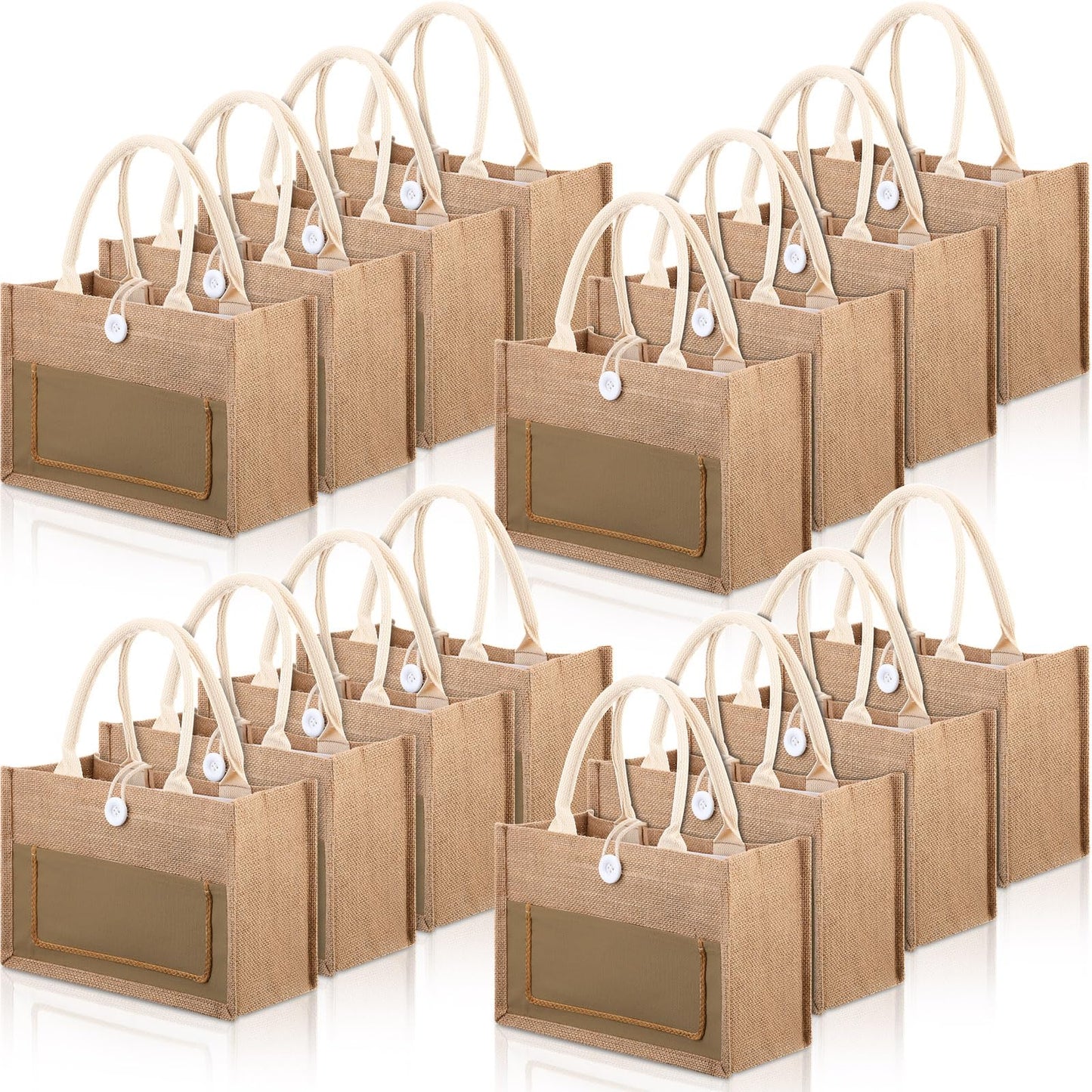 Reginary 16 Pcs Jute Burlap Totes Jute Tote Bags Reusable Burlap Beach Bags with Handle for Wedding Gifts, 11.8 x 7.87 x 5.5(Khaki,Classic)