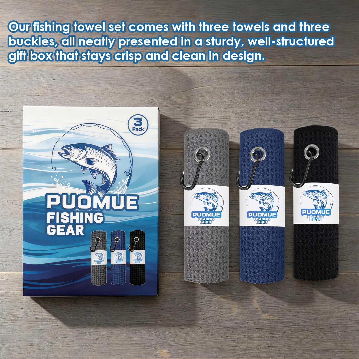 Puomue 3 Pack Microfiber Fishing Towels with Clip, 16" X 16", Waffle Pattern for Effective Cleaning of Fishing Gears or Dirty Hands, Perfect for Camping Towels and Hiking Towles