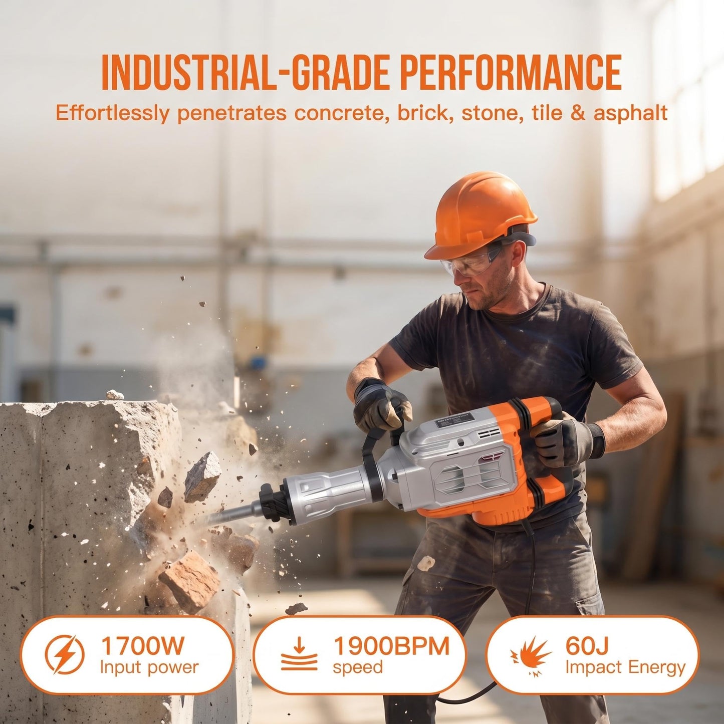 1700W Electric Demolition Jack-Hammer, 1900 BPM Heavy Duty Jack-Hammer Concrete Breaker with 60J Impact Energy & Anti-Vibration System, 360° Handle & Carrying Case, 3pcs Chisels