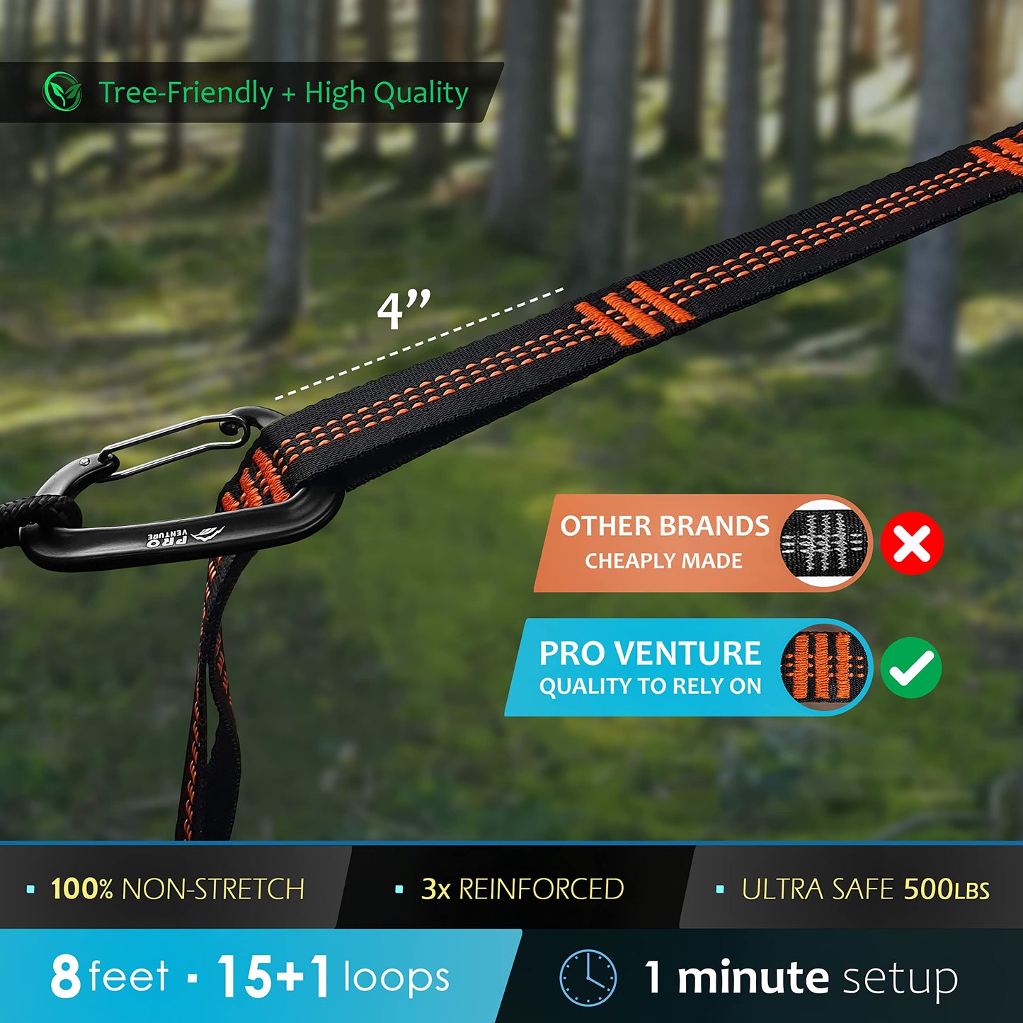 Pro Venture Hammock Straps and 2 Carabiners, 30+2 Loops, 1200lbs Breaking Strength (500lbs Rated) | 100% Non-Stretch, Lightweight, Portable Camping - Quick, Easy Setup | Heavy Duty + Tree Friendly