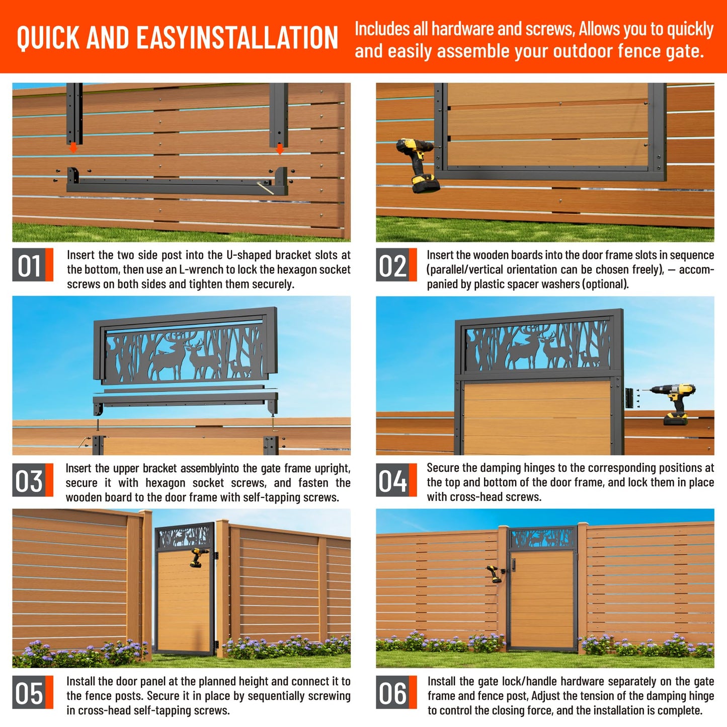Uphode 3x6FT(34.8" x 70.8") 201 Stainless Steel Fence Gate Kit Heavy Duty, Anti Sag Metal Fence Gate Frame Kit with Board, Morden Garden Gate Hardware Kit Outdoor (Left/Right Free-Installation)