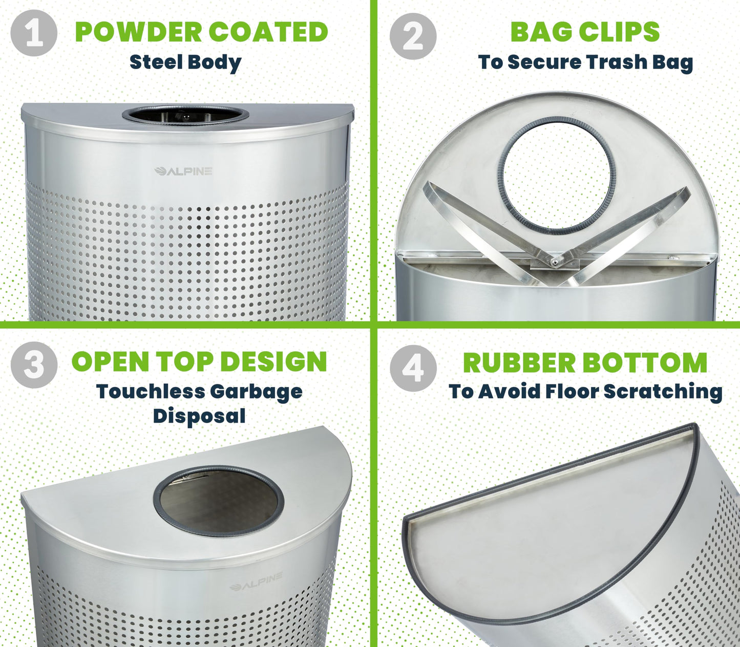 Alpine Half Round Trash Can Open Top - Modern 12 Gallon Stainless Steel Space Saving Indoor Commercial Trash Can, Narrow Garbage Can for Bathroom. Office, Lobby and Business.