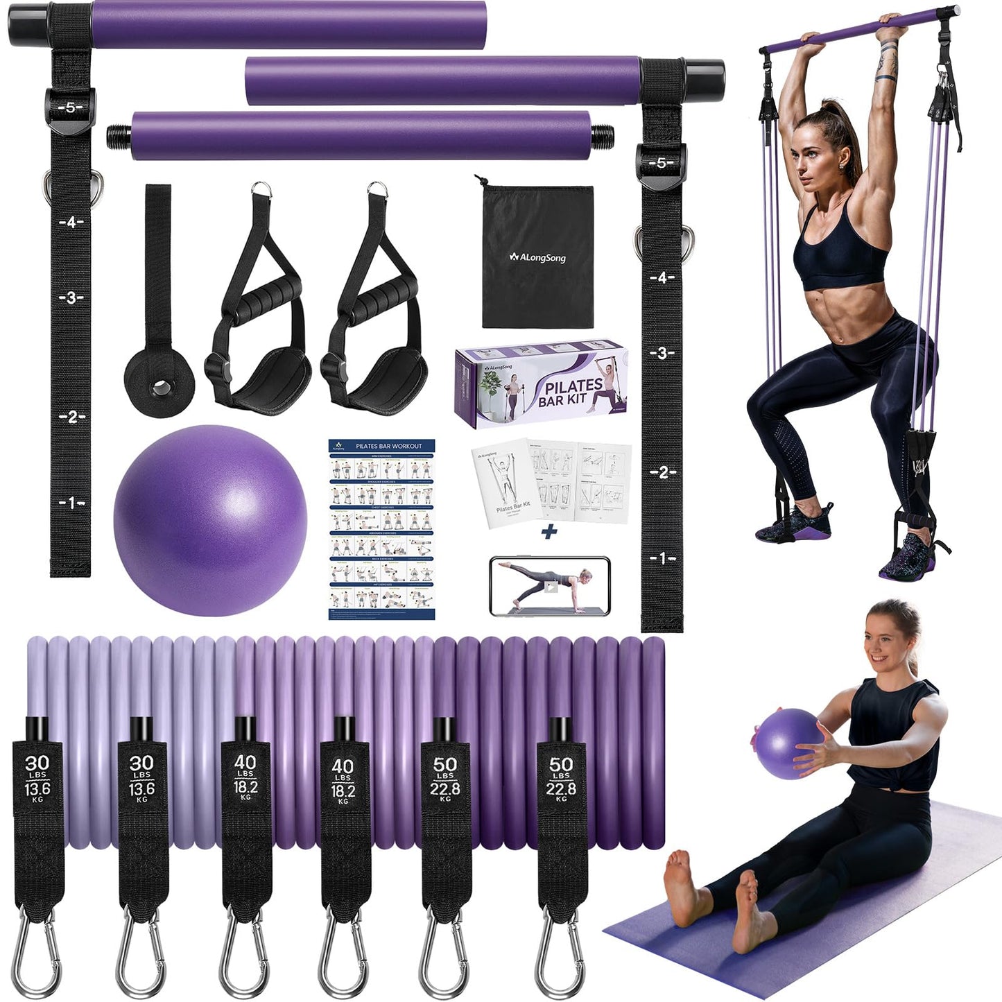 ALongSong Upgraded Pilates Bar Kit with Resistance Bands Natural Latex, Heavy-Duty Stainless Steel Multifunctional Yoga Pilates Stick for Home Gym Exercise Fitness Equipment Full-Body Workouts