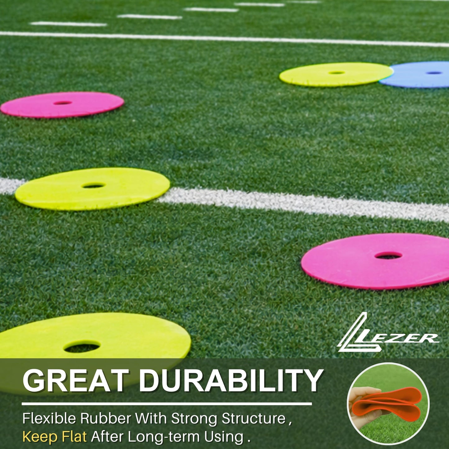 LEZER 9 Inch Flat Cones, Spot Markers, Soccer Cones, Field Court Markers, Sit Spots, Flat Discs, Soccer Training Equipment, Agility Practice, Football, Made in Taiwan, Set of 24
