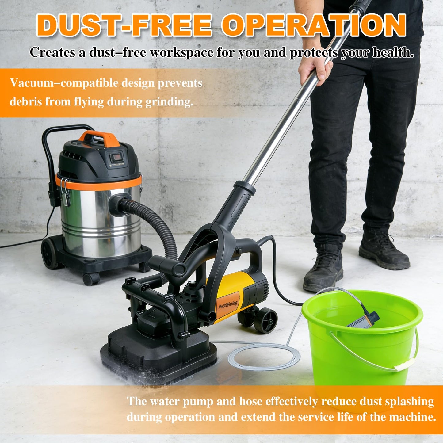 4-Head Concrete Grinder Set, 4" 3800W Concrete Floor Grinder with Long Handle, Dust Extraction Shroud & Water Pump, 6000RPM Concrete Surface Grinder Machine for Grinding Concrete Marble Granite