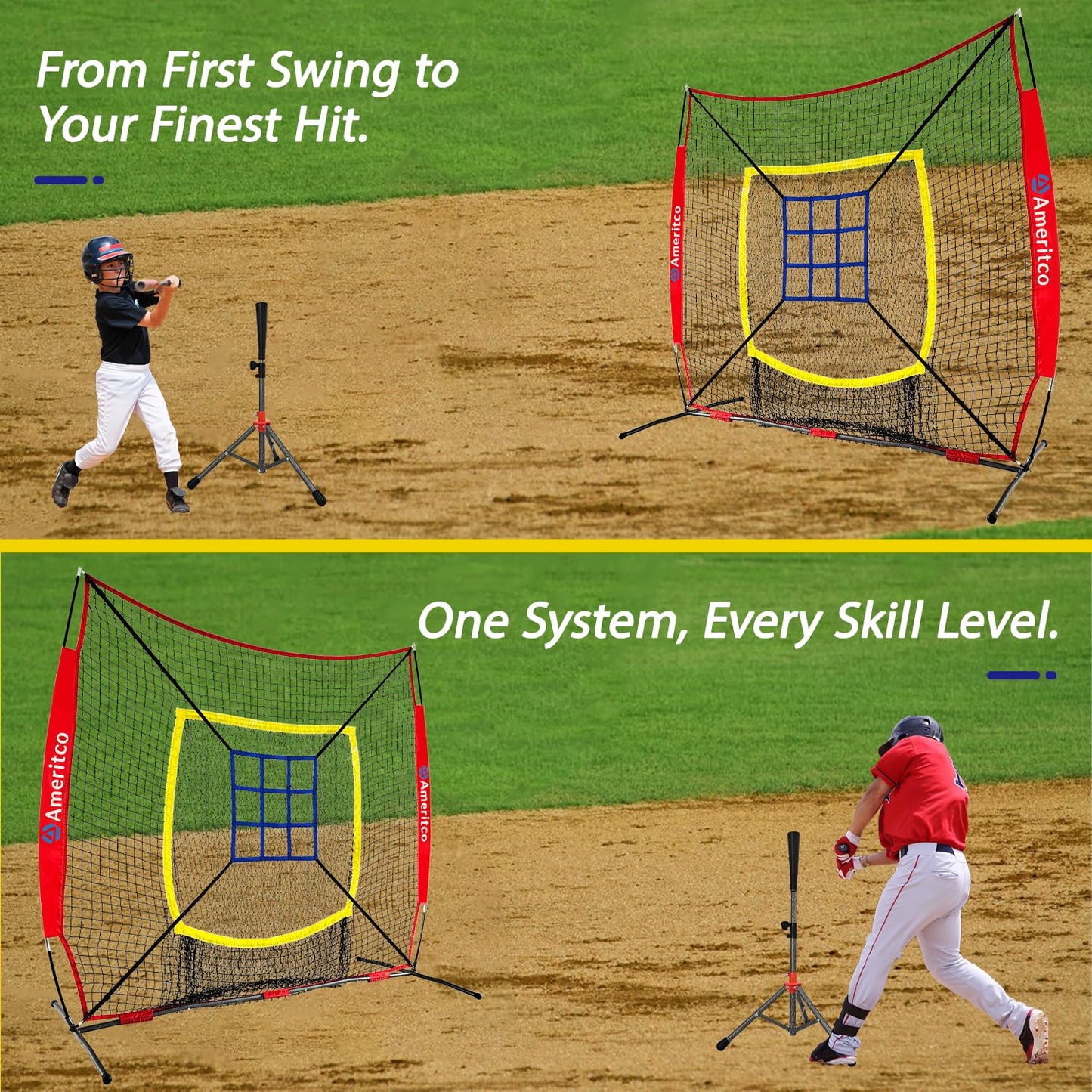 Ameritco Baseball Net，7x7ft Baseball Practice Net with Tee and Target, Large Pocket Sports net for Hitting/Batting/Pitching/Throwing,Scratch Resistant Base, Versatile Use for All Levels (Red)