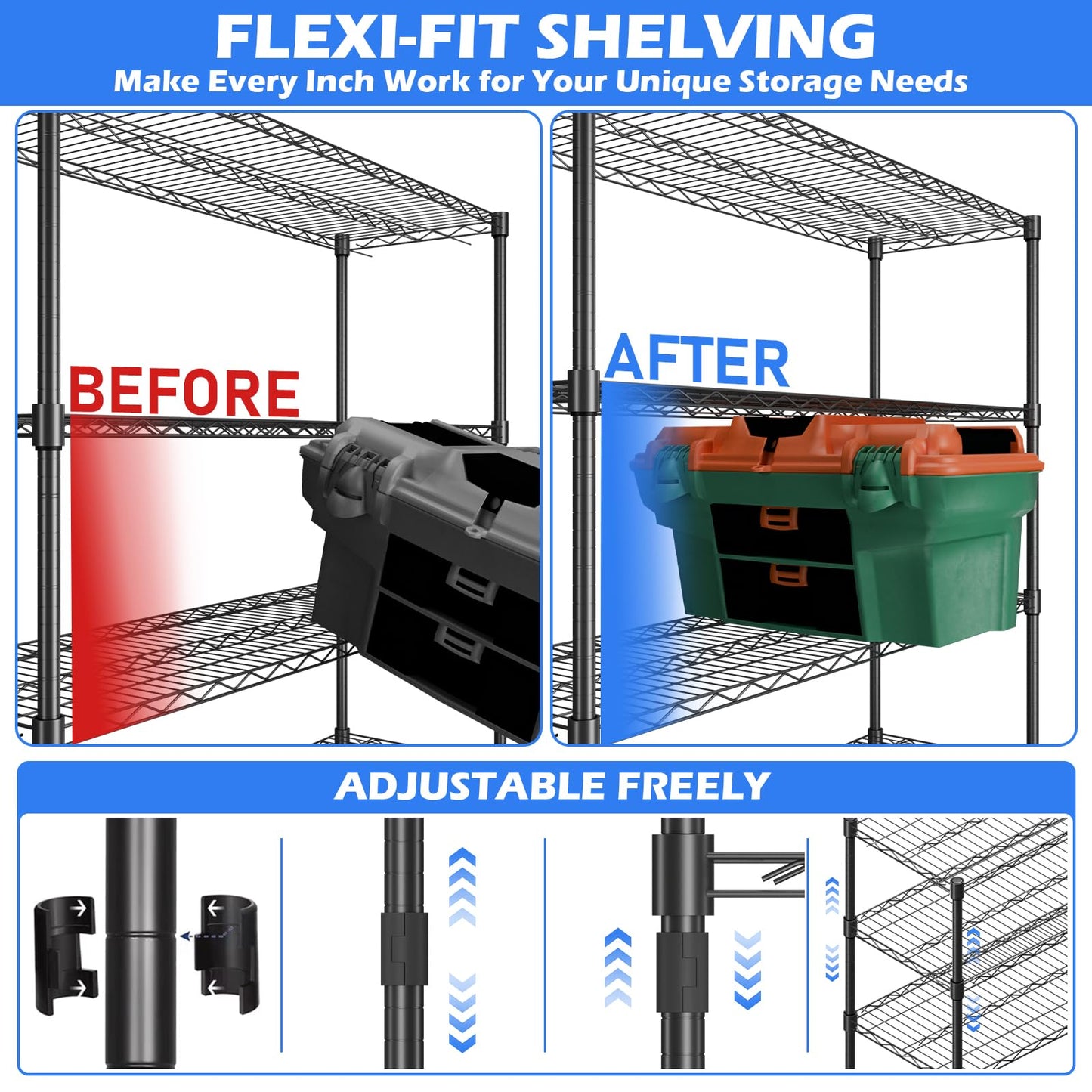 KAXIWEI Storage Shelves 2500LBS Metal Shelving 4 Tier Wire Shelving Garage Shelving Units with Wheels Heavy Duty Metal Shelves for Shelving Unit Adjustable Shelf, 62" H x 58" W x 20" D