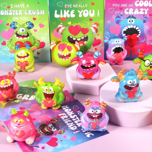 24 Pcs Monster Squishy Toys with Cards for Kids Valentines Day Gifts, Galentines School Gift Exchange, Classroom Prizes, Bag Fillers, Party Favors