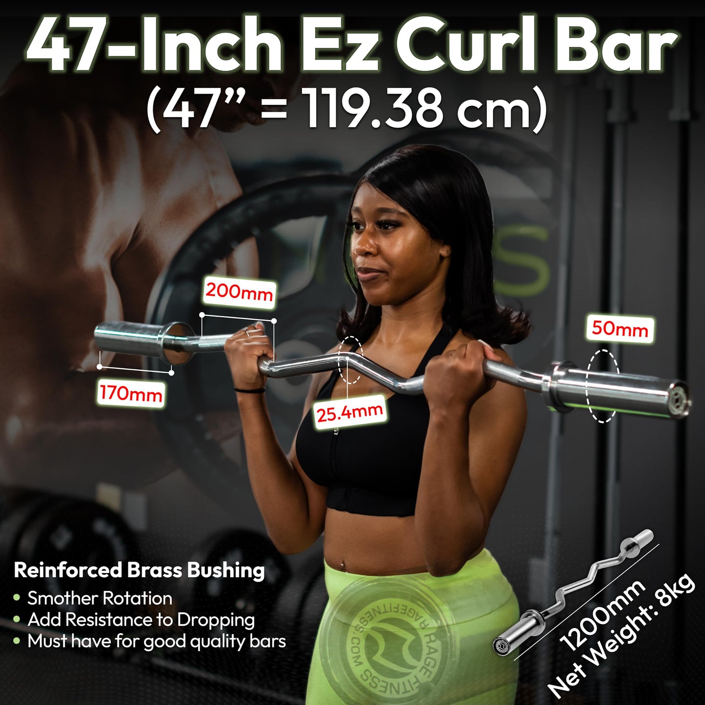 Rage Fitness EZ Curl Bar – 47 Inch, 2 inch | 17lbs Alloy Steel with Chrome Finish & Nylon Bushings EZ Bar with 400lbs Max Capacity – Home Gym Curling Bars for Weightlifting & Other Upper & Lower Body Movements