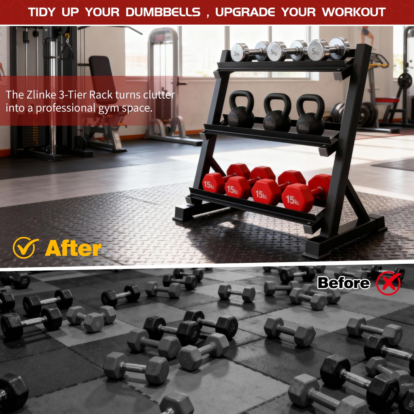 Zlinke 3-Tier Dumbbell Rack Multilevel Weight Storage Organizer for Home Gym, Weight Rack for Dumbbells, Kettlebells, 1100LBS (Rack Only)