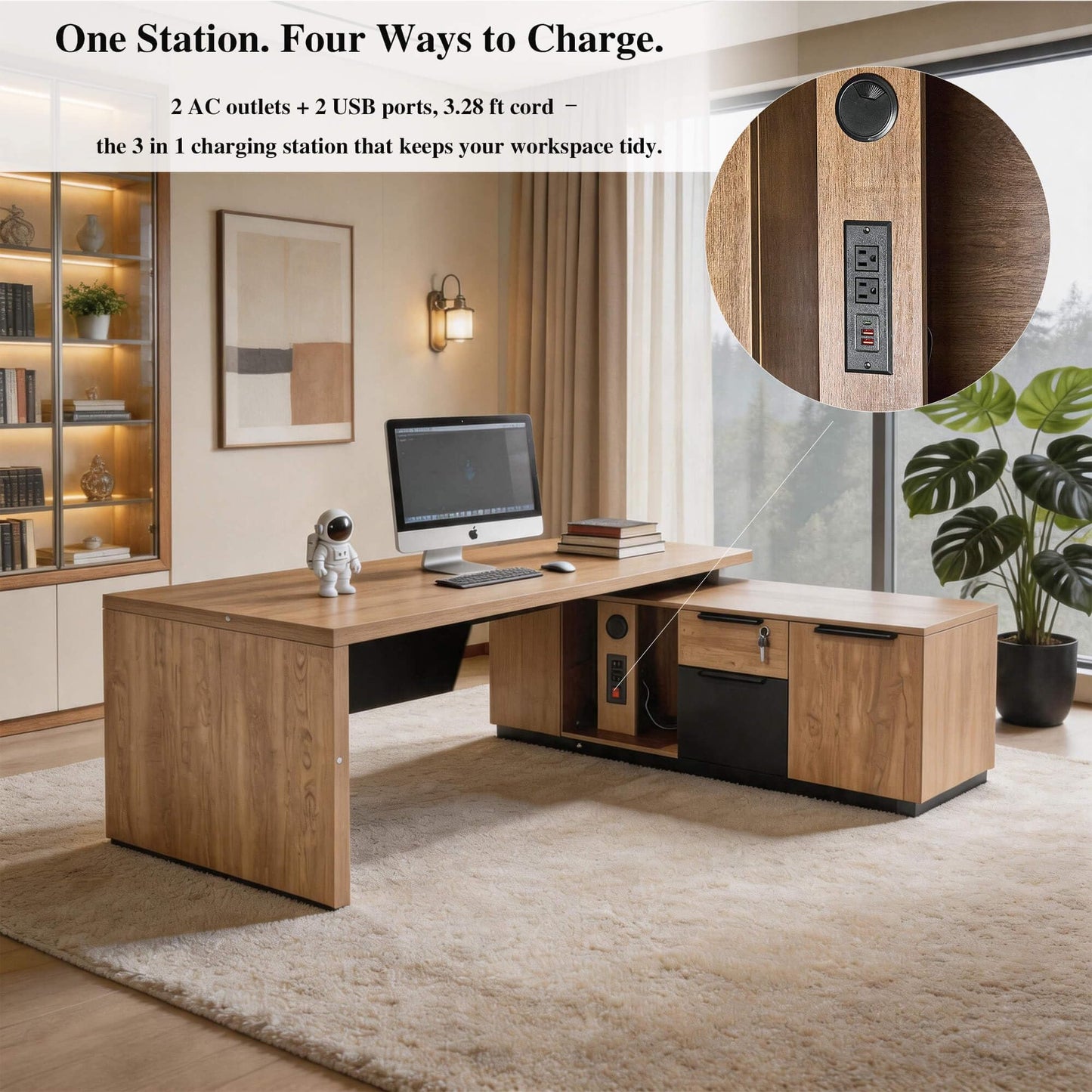 Retractable L-Shaped Executive Desk, Modern Office Desk with Locking Drawers and File Cabinet, Large Computer Desk with Storage Shelves, Workstation for Home Office (Right Return, 70.86 - 78.7 IN)